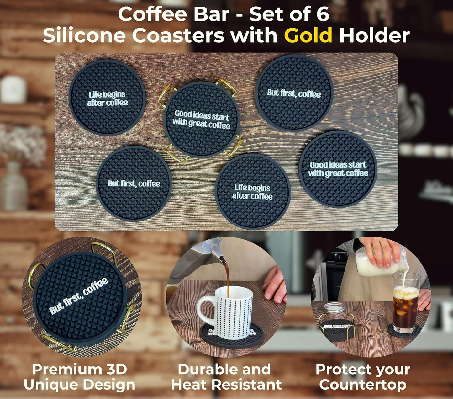 Coffee Coasters Set of 6 for Bar Decor and Bar Accessories, But First Coffee Decor Funny Silicone Coasters with Gold Holder, Coaster 6 Pack, Tiki Bar Drink Coaster for Outdoor Decorations
