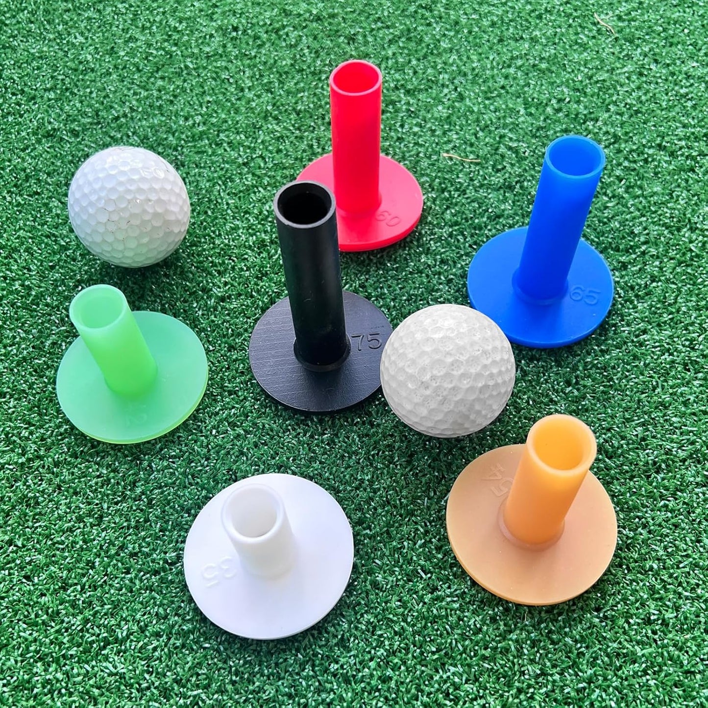 VIVIDLY Rubber Golf Tees for Mats & Driving Range & Golf Simulators - 6 Colors and 6 Sizes for Indoor Outdoor Backyard Home Office