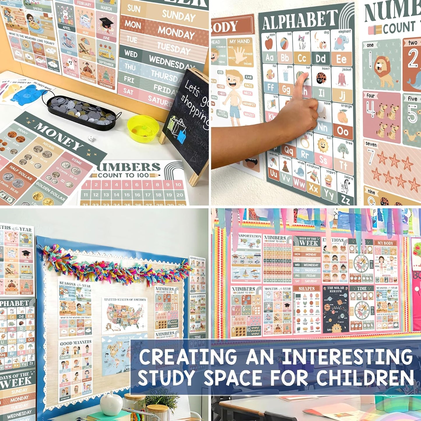 Educational Posters for Preschoolers - Laminated Pre-K and Kindergarten Learning Poster Charts for Toddlers 1-3-5 - Homeschool and Classroom Decor for Kids' Walls (18 Modern Boho Educational Posters)