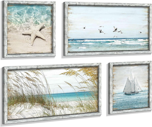 Coastal Framed Wooden Wall Art: Beach Art Ocean Prints Set of 4 Starfish Pictures Seascape Artwork for Living Room Overall 48"W x 32"H