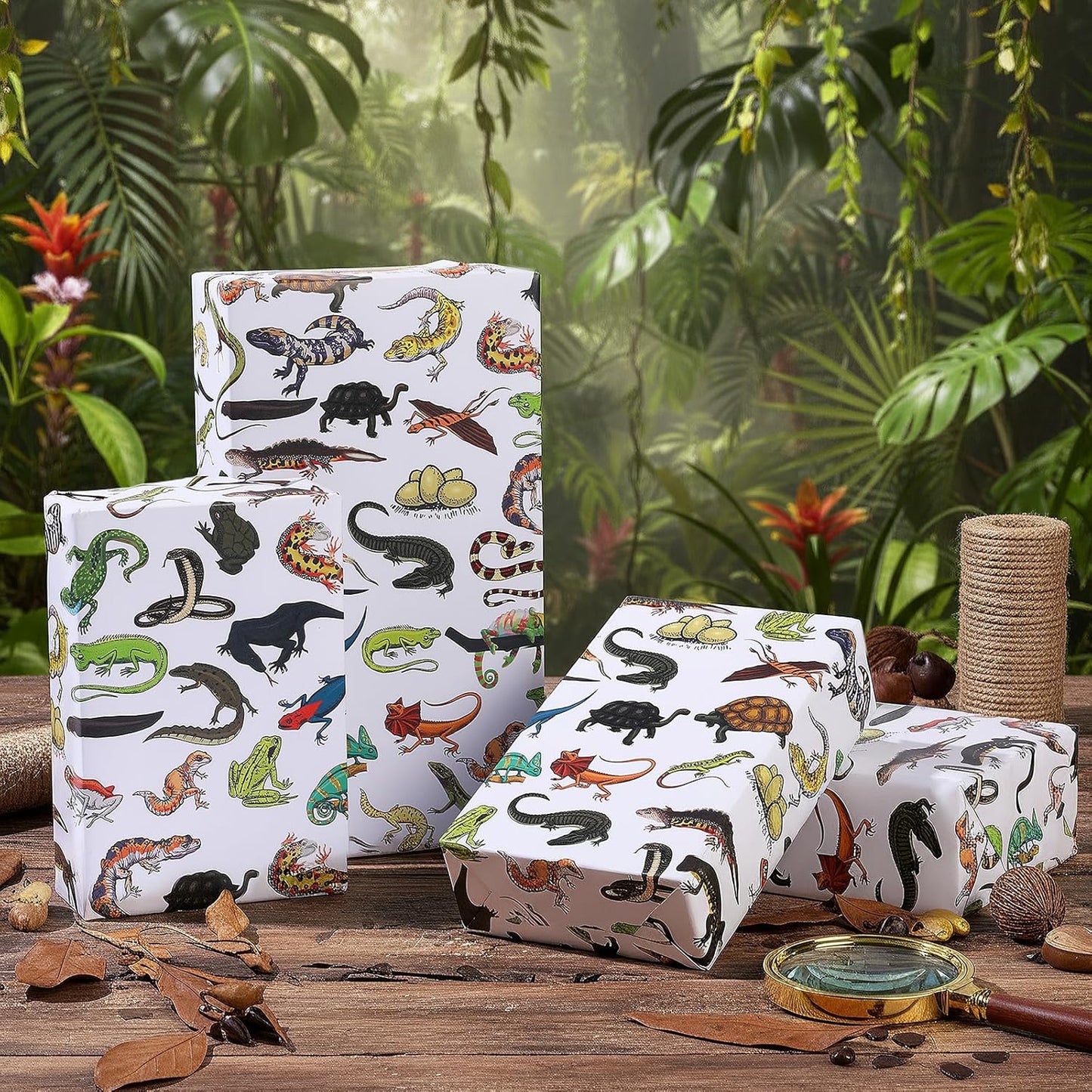 Pineraap Exotic Pet Wrapping Paper Roll - 17Inch x16.4Feet - Leopard Gecko Chameleon Snake Frog Turtle Reptiles Theme Gift Wrap for Reptile Lovers,Birthday Parties,Holiday Gifts