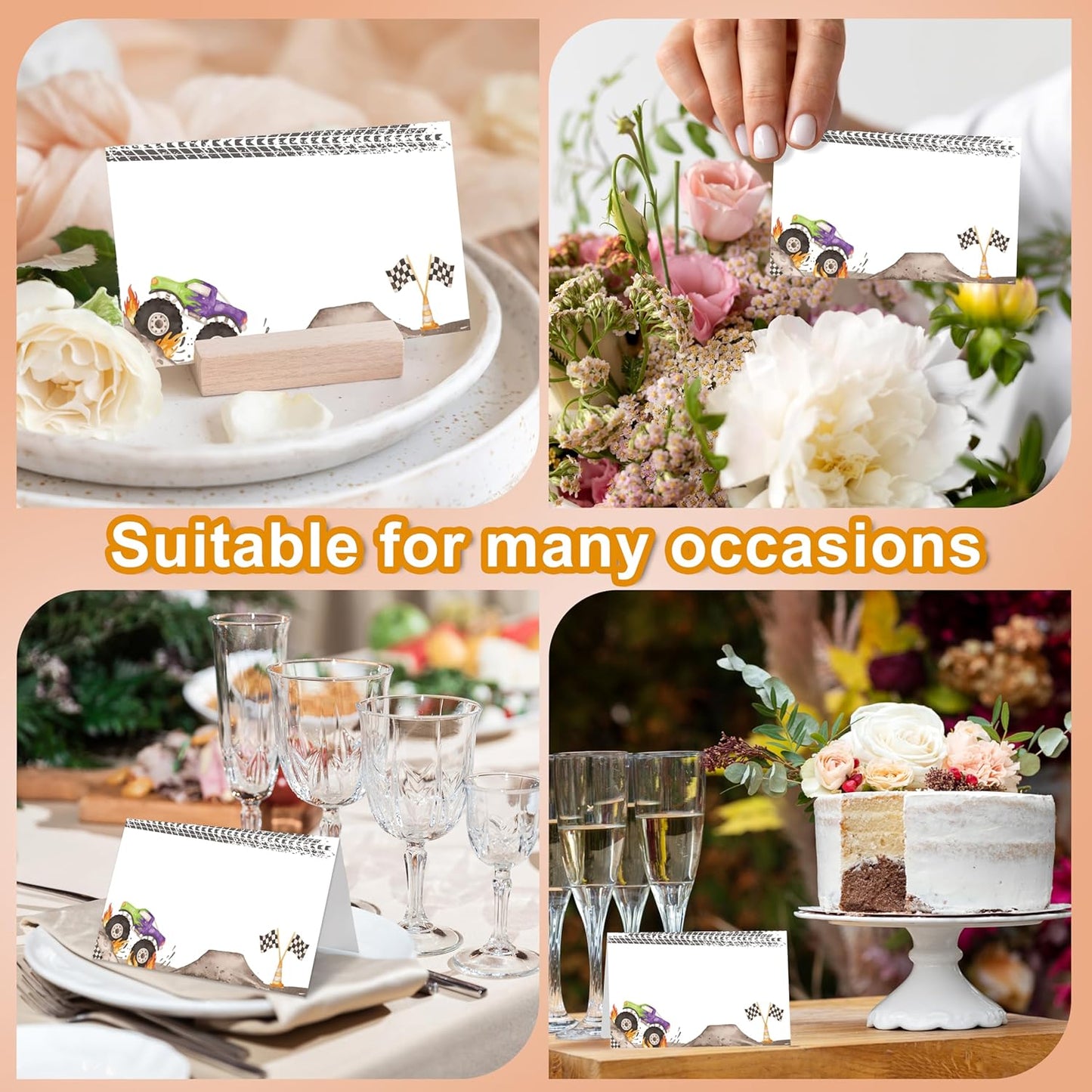 Monster Truck Place Cards, Racing Car Table Place Cards For Table Setting, Monster Jam Name Cards For Birthday Party Baby Shower Dinner Wedding, 25 Cards Included -01