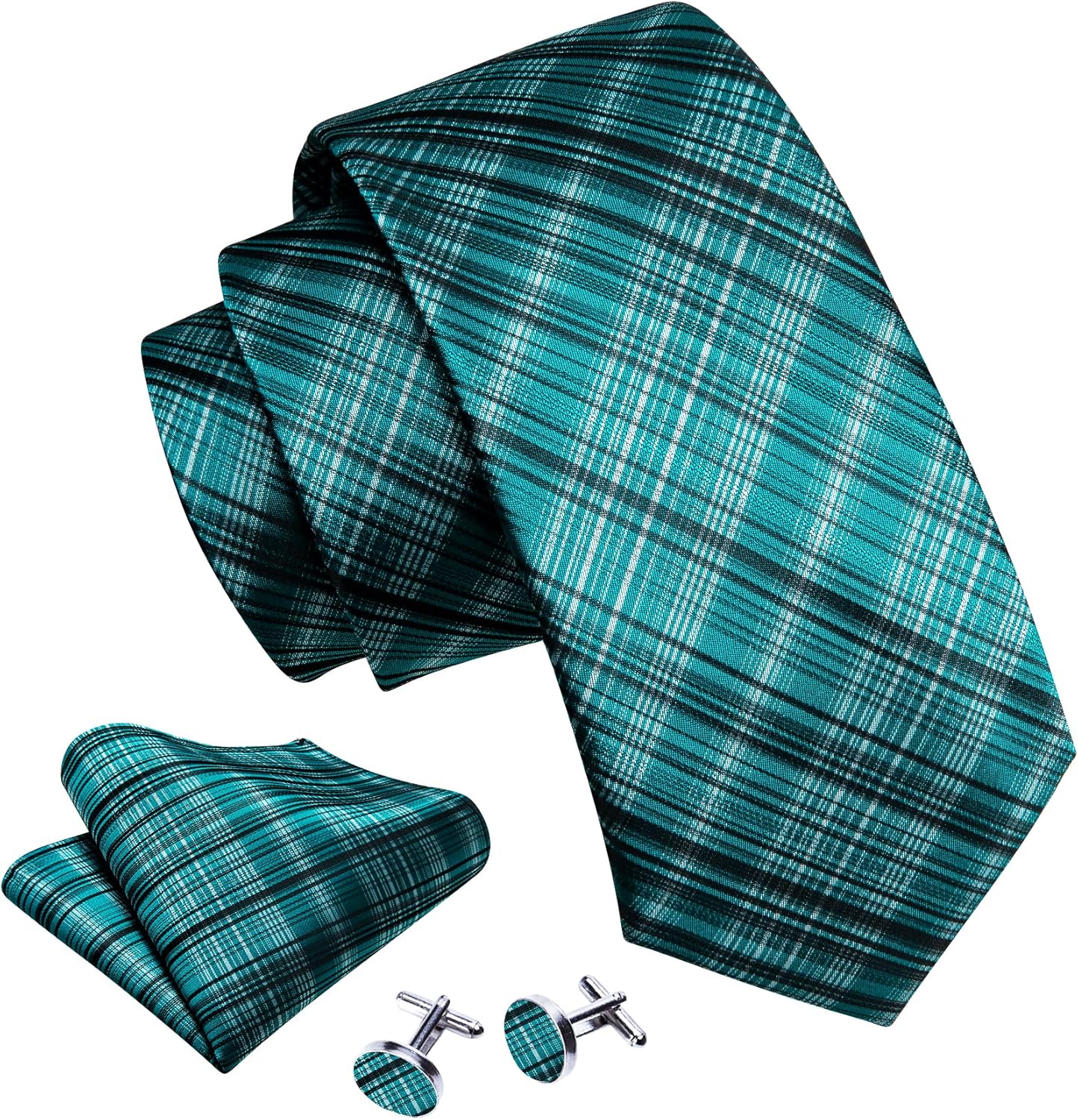 Barry.Wang Designer Classic Ties for Men Set Formal Pocket Square Cufflink Check Plaid