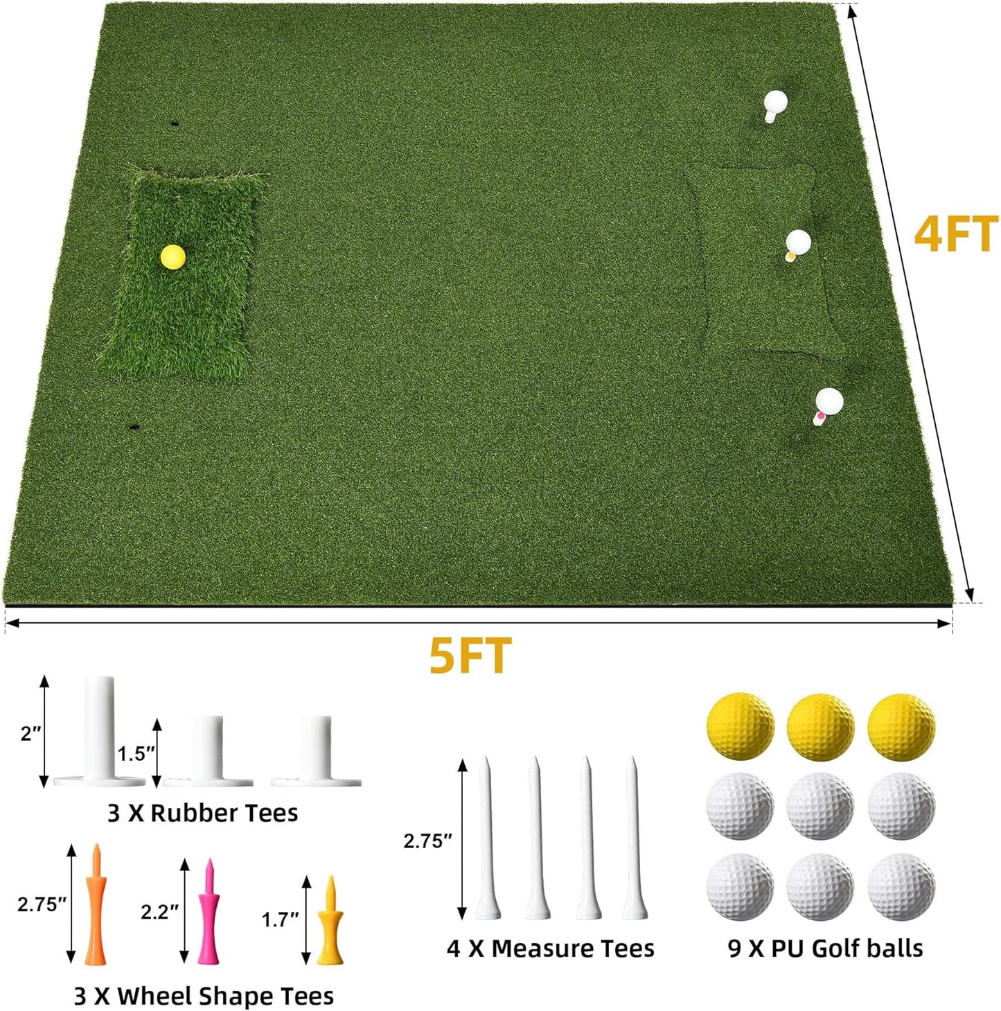 5x4ft Golf Hitting Mat, Thickened 21mm/31mm/36mm Artificial Turf Golf Practice Mats for Indoor Outdoor Backyard Driving Swing Training with 9 PU Balls, 3 Rubber Tees, 7 Tees