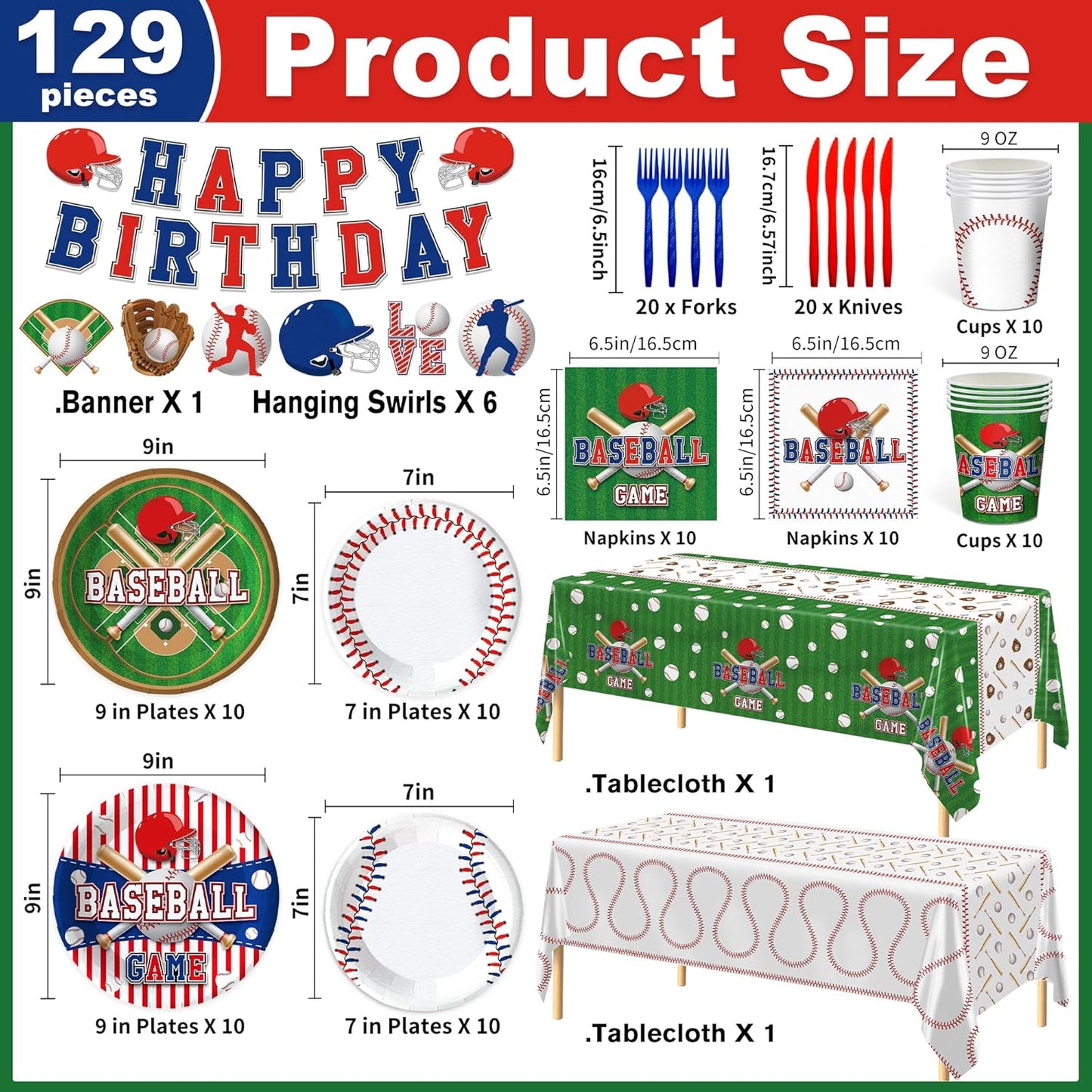 129Pcs Baseball Birthday Party Supplies-Serves 20 Baseball Party Decorations With Plates Cups Knifves Forks And Napkins Tablecloth And Banner For Baseball Sports Theme Birthday Decorations