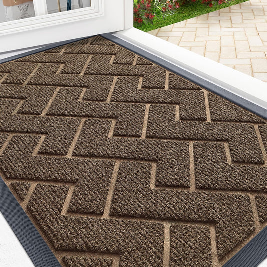OLANLY Front Door Mat Indoor Outdoor Entrance, Waterproof All-Season, All-Weather Doormat, Sturdy Natural Rubber, Low Profile, Easy Clean Patio Porch Entryway Mat, Herringbone Brick (Brown, 47x17)