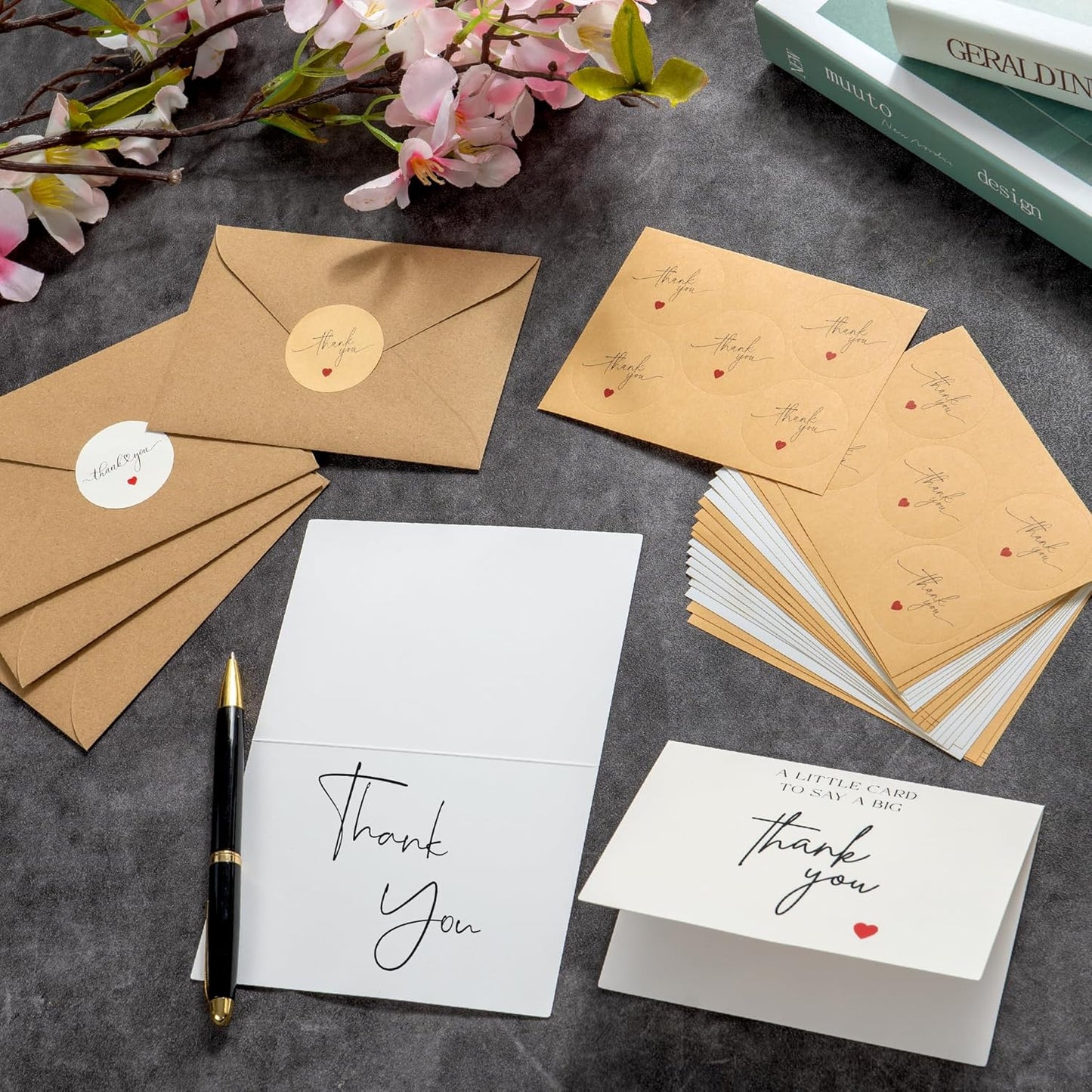 100 Bulk Thank You Cards with Kraft Envelopes and Stickers - 4 Minimalistic Designs Blank Thank You Notes with Envelopes and Heart for Business Wedding Bridal Gift Baby Shower Business Graduation