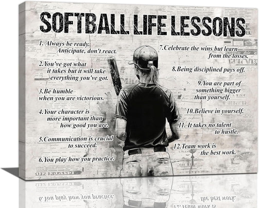 Softball Sports Wall Art Softball Life Lessons Wall Decor Softball Sign Retro Poster Boy Girls Men Room Motivational Decorations Canvas Print Painting Artwork for Bedroom Bathroom Living Room 24"x20"