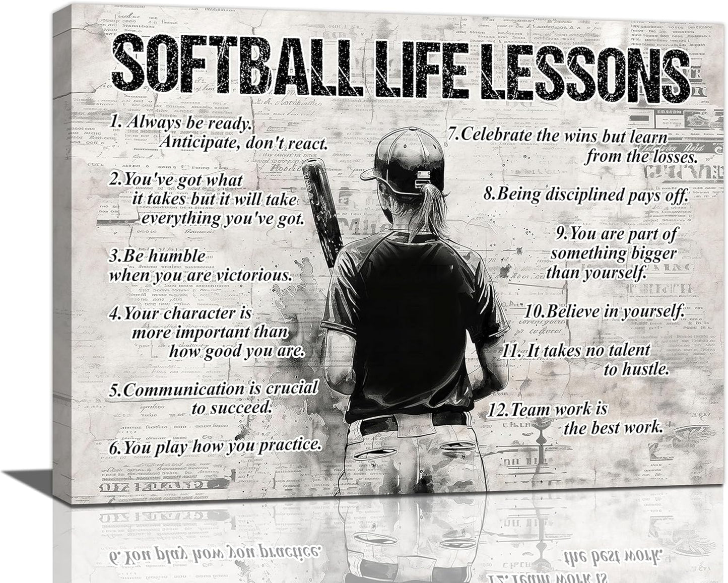 Softball Sports Wall Art Softball Life Lessons Wall Decor Softball Sign Retro Poster Boy Girls Men Room Motivational Decorations Canvas Print Painting Artwork for Bedroom Bathroom Living Room 20"x16"