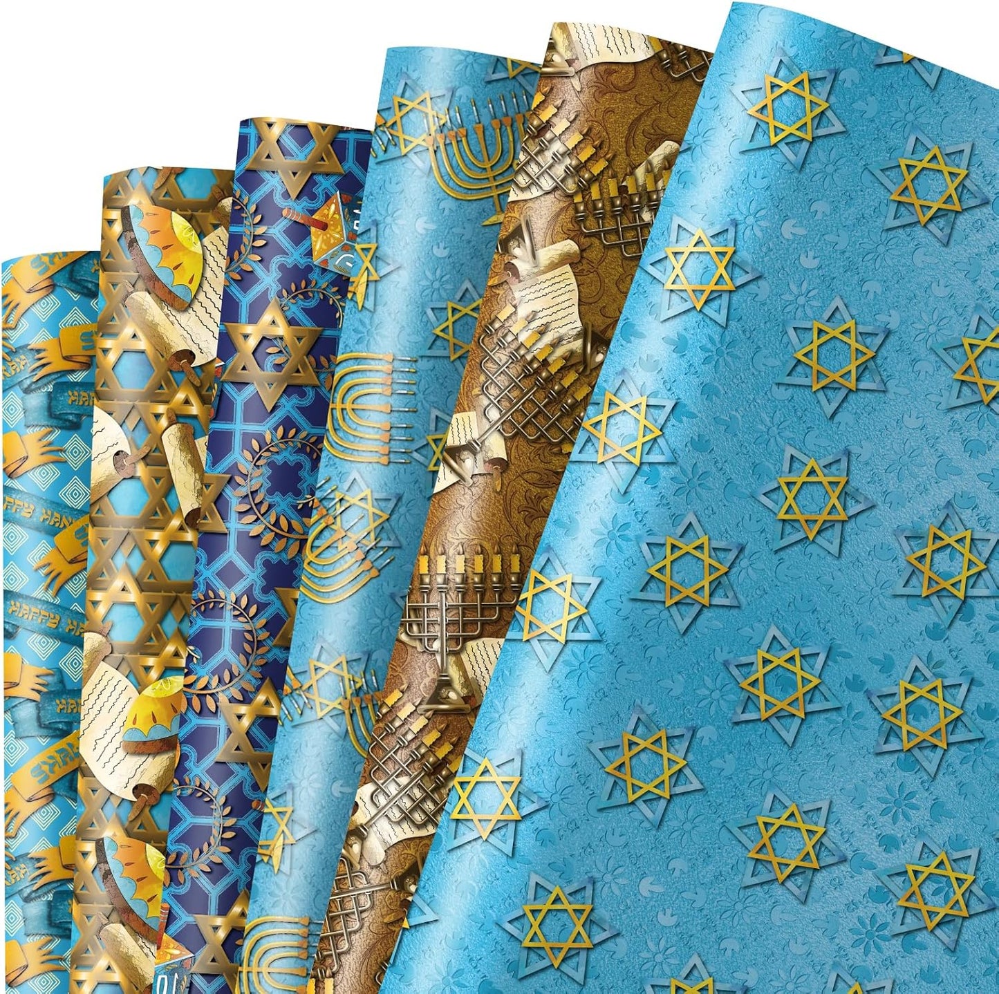 Dtiafu Hanukkah Wrapping Paper - 12 Sheet 6 Style Blue Chanukah Wrapping Paper - Happy Hanukkah - 20 x 28 Inch Per Sheet