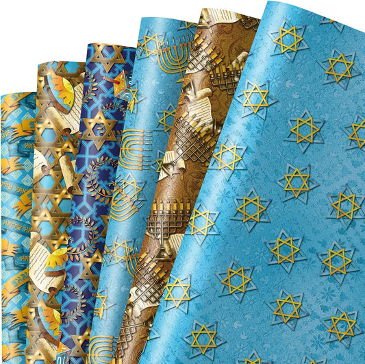 Dtiafu Hanukkah Wrapping Paper - 12 Sheet 6 Style Blue Chanukah Wrapping Paper - Happy Hanukkah - 20 x 28 Inch Per Sheet