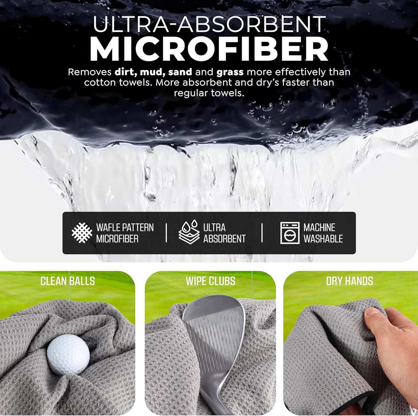 Golf'N Microfiber Towel - Magnetic Golf Towel Dark Gray 18" x 18" Golf Towels for Golf Bags with N52 Heavy Duty Magnets, Carabiner Clip & Cross Stitched Reinforced Loop, Premium Golf Accessories