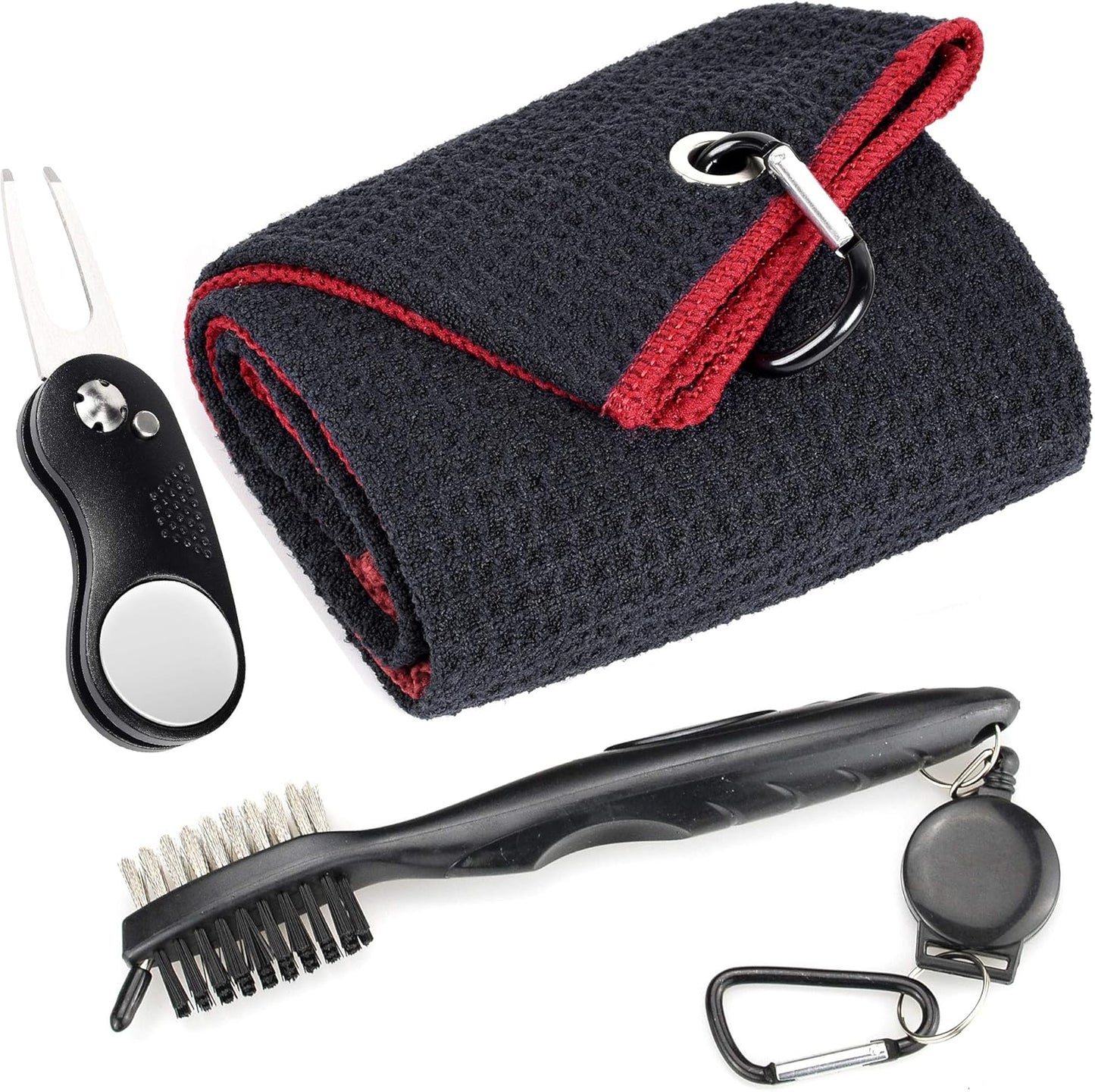 Mile High Life Microfiber Waffle Pattern Golf Towel | Club Groove Cleaner Brush | Foldable Divot Tool with Magnetic Ball Marker (Black w/red Towel/Brush/Curve Divot)