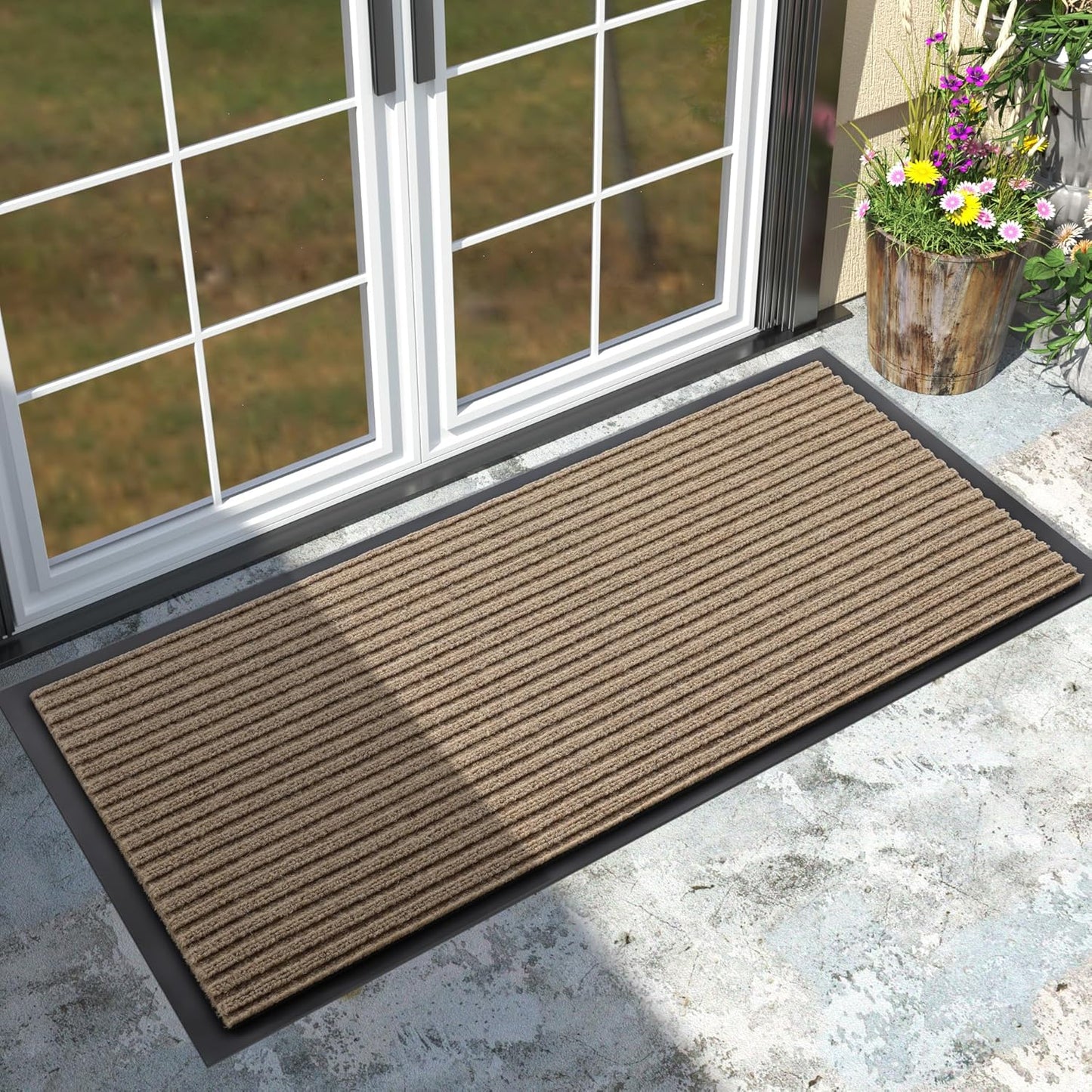 Yimobra Front Door Mat Outdoor Indoor Entrance, 100% Waterproof All-Season All Weather Doormat, Welcome Matt Outside Entry, Non Slip, Low Profile, Heavy Duty Patio Porch Floor Mats,47 x 24,Khaki