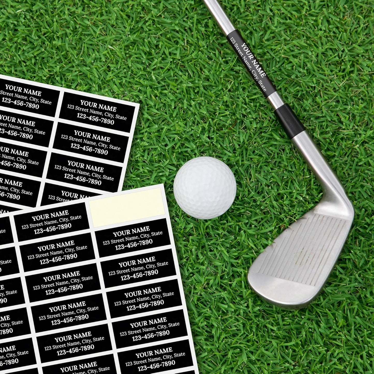 Custom Black Golf Club ID Labels, Personalized Golf Club Name Sticker,0.75x2 Inches, Set of 30, 4 Mil Vinyl Decal Stickers Weather Resistant, Made in USA by My Sign Center