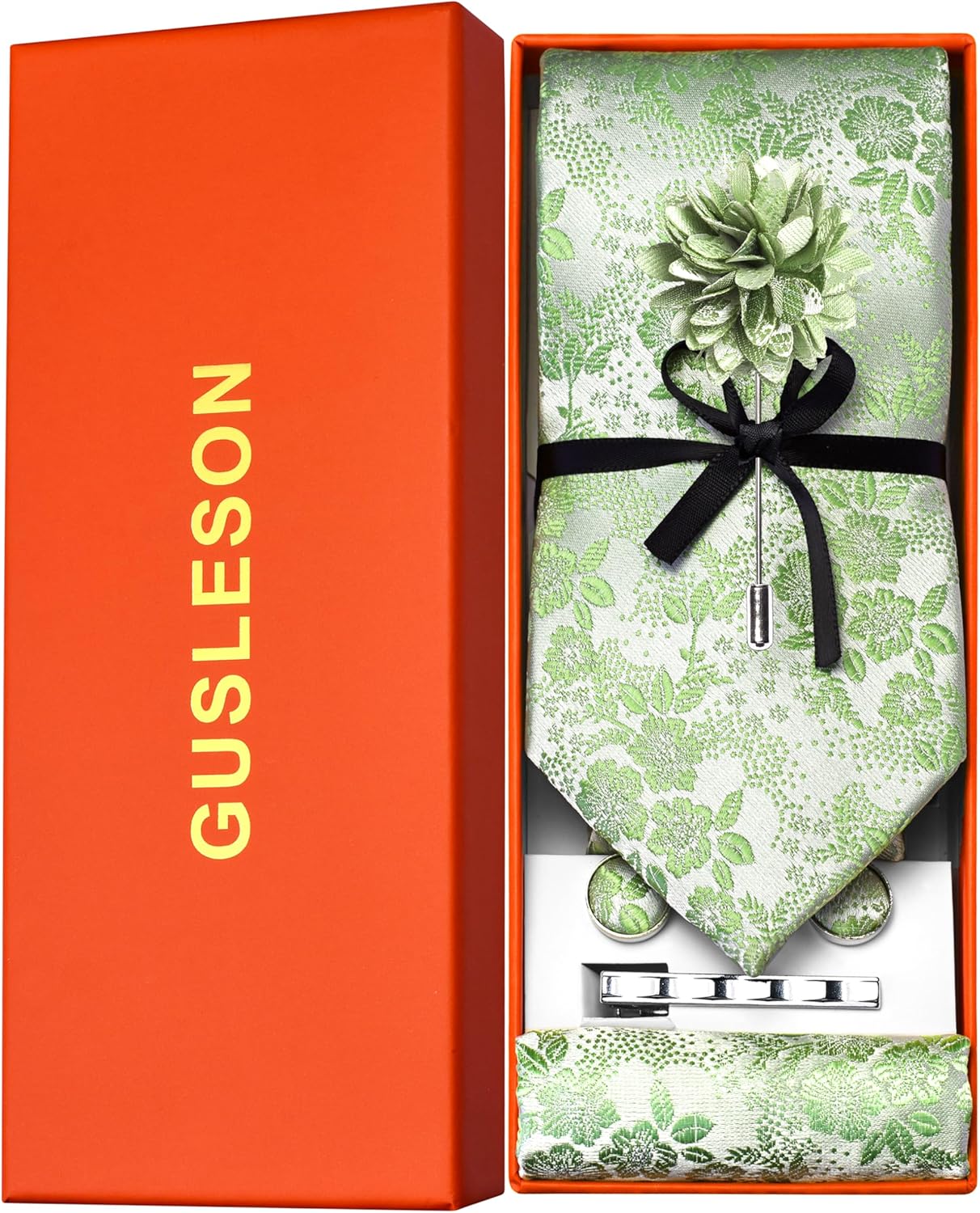 GUSLESON Tie Set for Men Necktie and Pocket Square,Tie Clip,Cufflinks, Lapel Pin Sets with Gift Box 5PCS