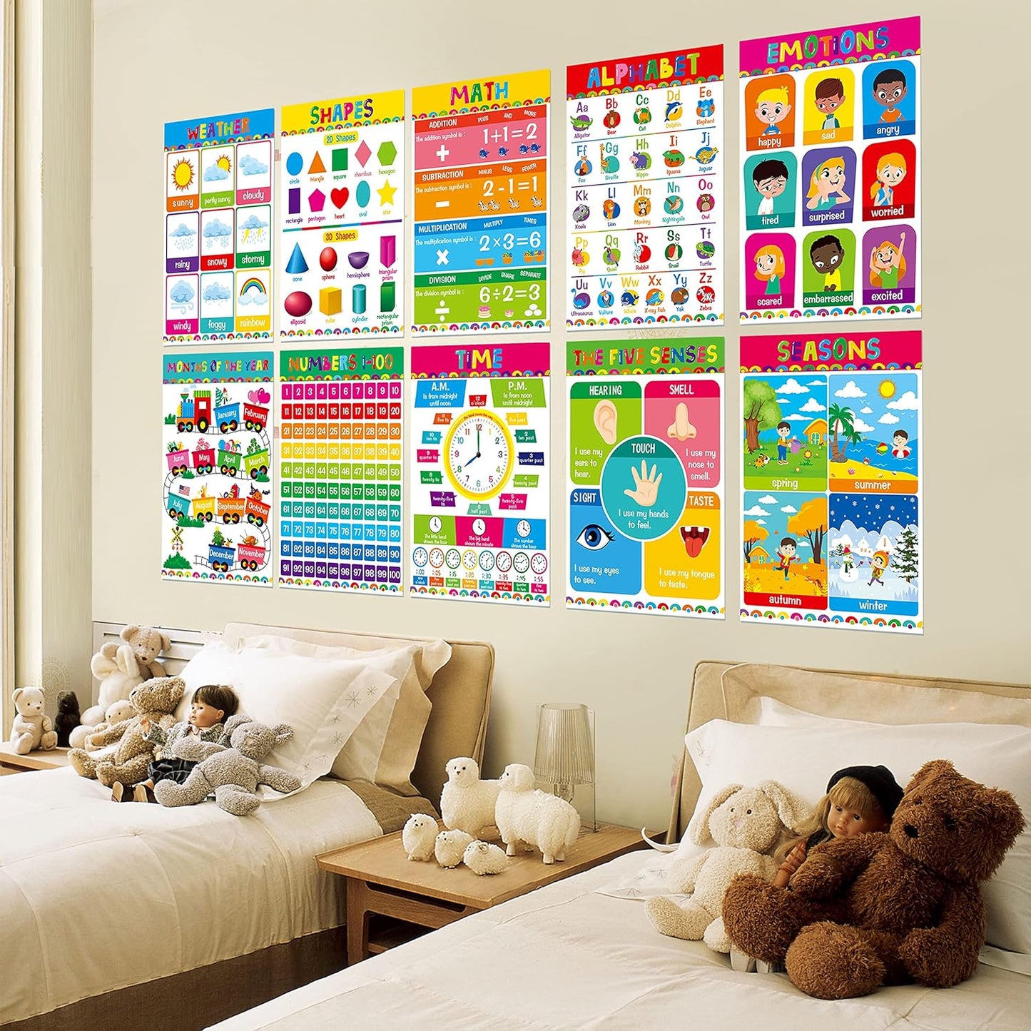 Gethelud 17 Packs Educational Poster, PET Film Covered Preschool Learning Tools for Nursery Kindergarten Toddlers