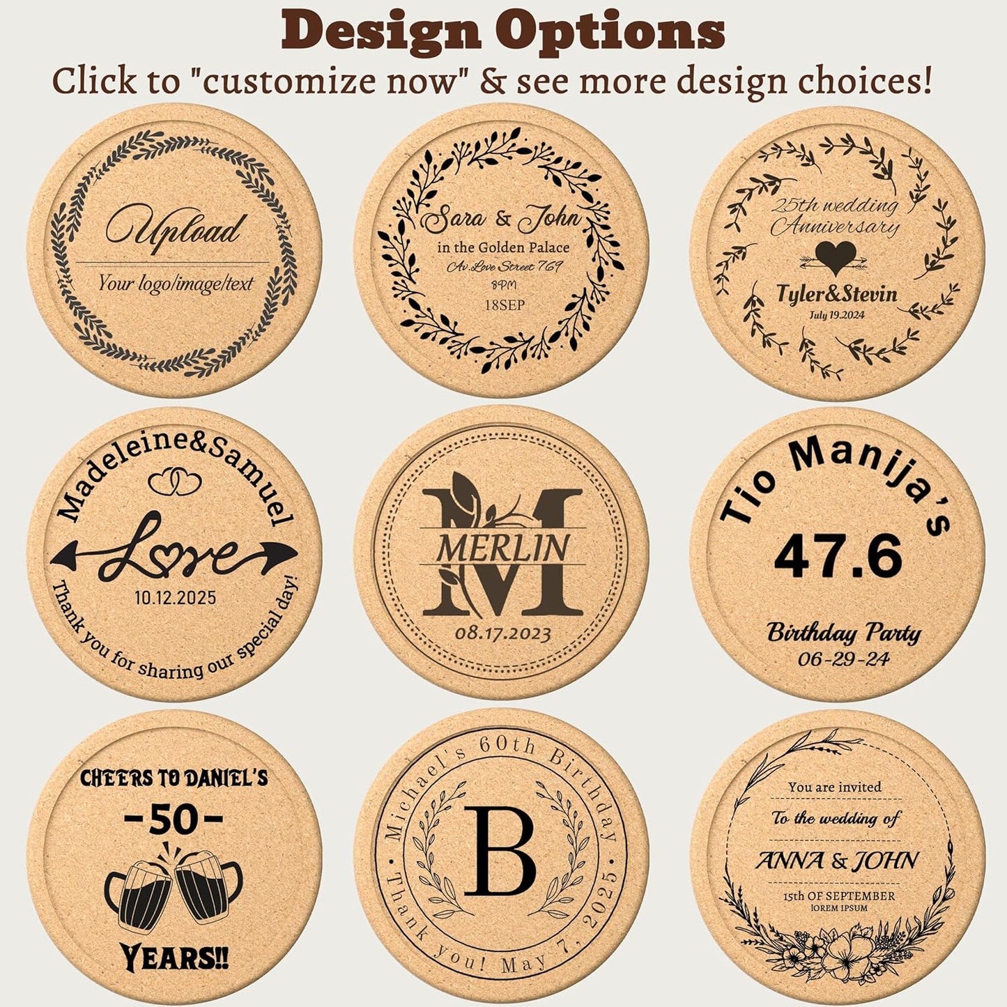 30-100Pcs Personalized Cork Coastersfor Drink, Custom Drink CoasterSet with Lip, Laser Engraved Name Text Logo, Non-Slip, Heat-Resistant, Absorbent Bar Coasters, Wedding Anniversary Housewarming Gift