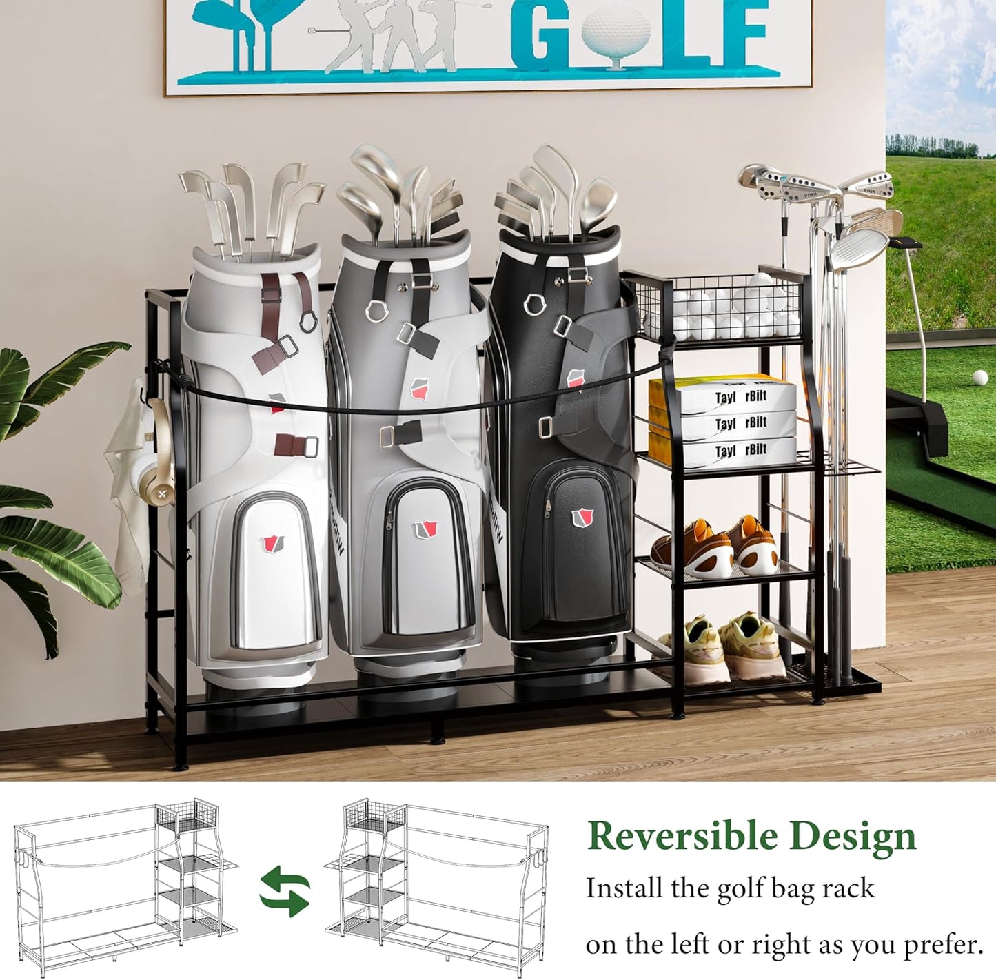 Golf bag stand for Golf Bag Accessories, Golf Bag Storage Organizer Fits 3 Bags for Garage Organization, Golf Organizer with Extra Storage Rack for Golf Clubs & Golf Essentials, Golf Gifts for Men