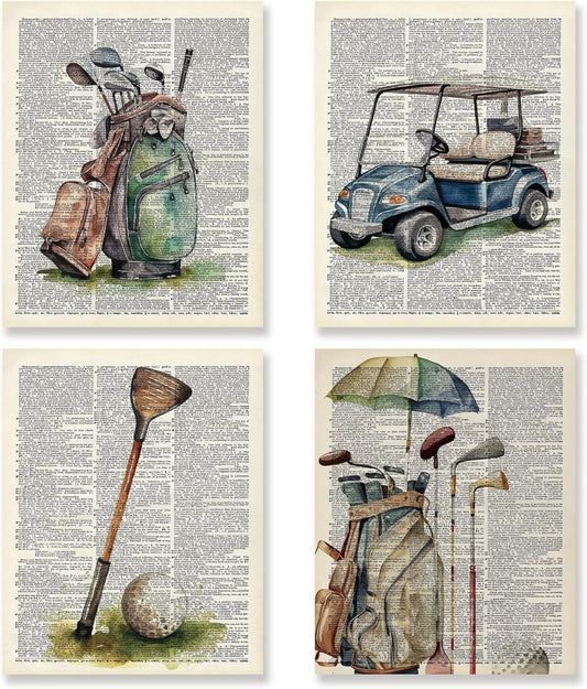 KSDUT Vintage Golf Wall Decor Art Set of 4 - Retro Artwork Poster Prints Golf Club Wall Decor Golf Gifts Wall Art for Office Games Sports Room Dorm Decorations - 8"x10" Unframed