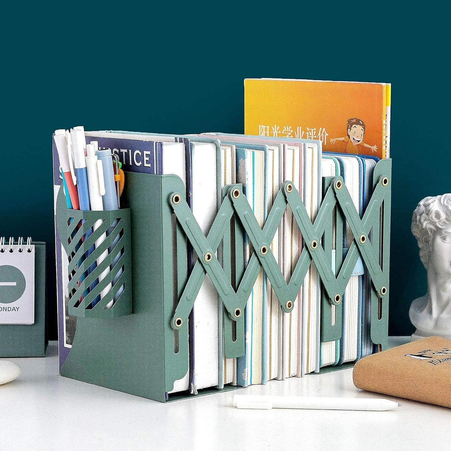 Metal Iron Book Ends Adjustable Bookends for Heavy Book Holder Heavy Duty Bookends Nonskid Bookcase Desktop Book Organizer Binder Holder (Green)