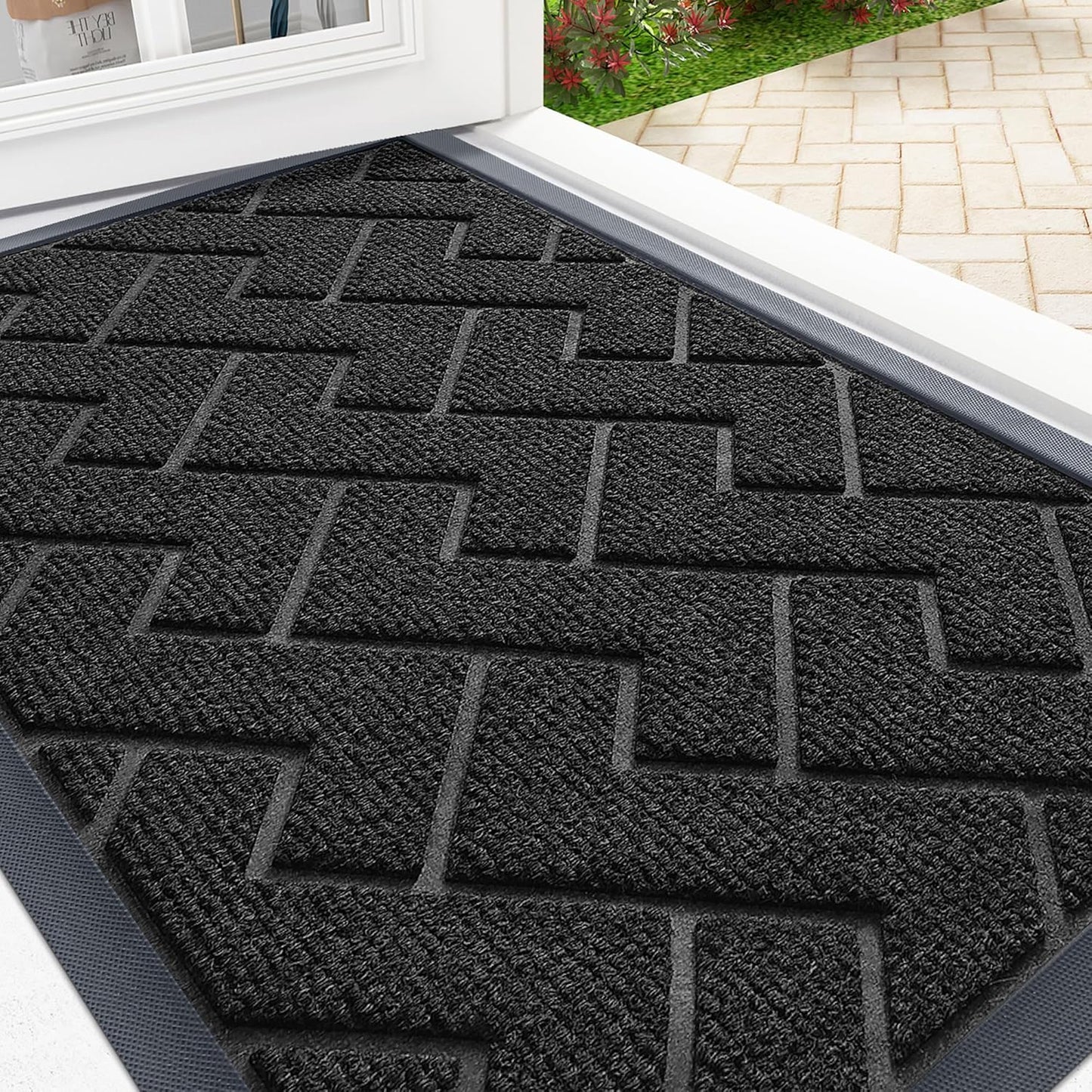 OLANLY Front Door Mat Indoor Outdoor Entrance, Waterproof All-Season, All-Weather Doormat, Sturdy Natural Rubber, Low Profile, Easy Clean Patio Porch Entryway Mat, Herringbone Brick (Black, 36x24)