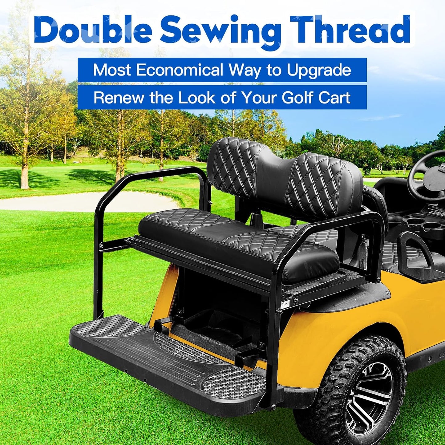 NOKINS 4PCS Golf Cart Diamond Seat Covers Kit, Front and Rear Seat Covers Fits Club Car DS 2000.5-Up Standard Seat Cushion, Club Car DS Vinyl Seat Covers Accessories(Black&Black Stitching)