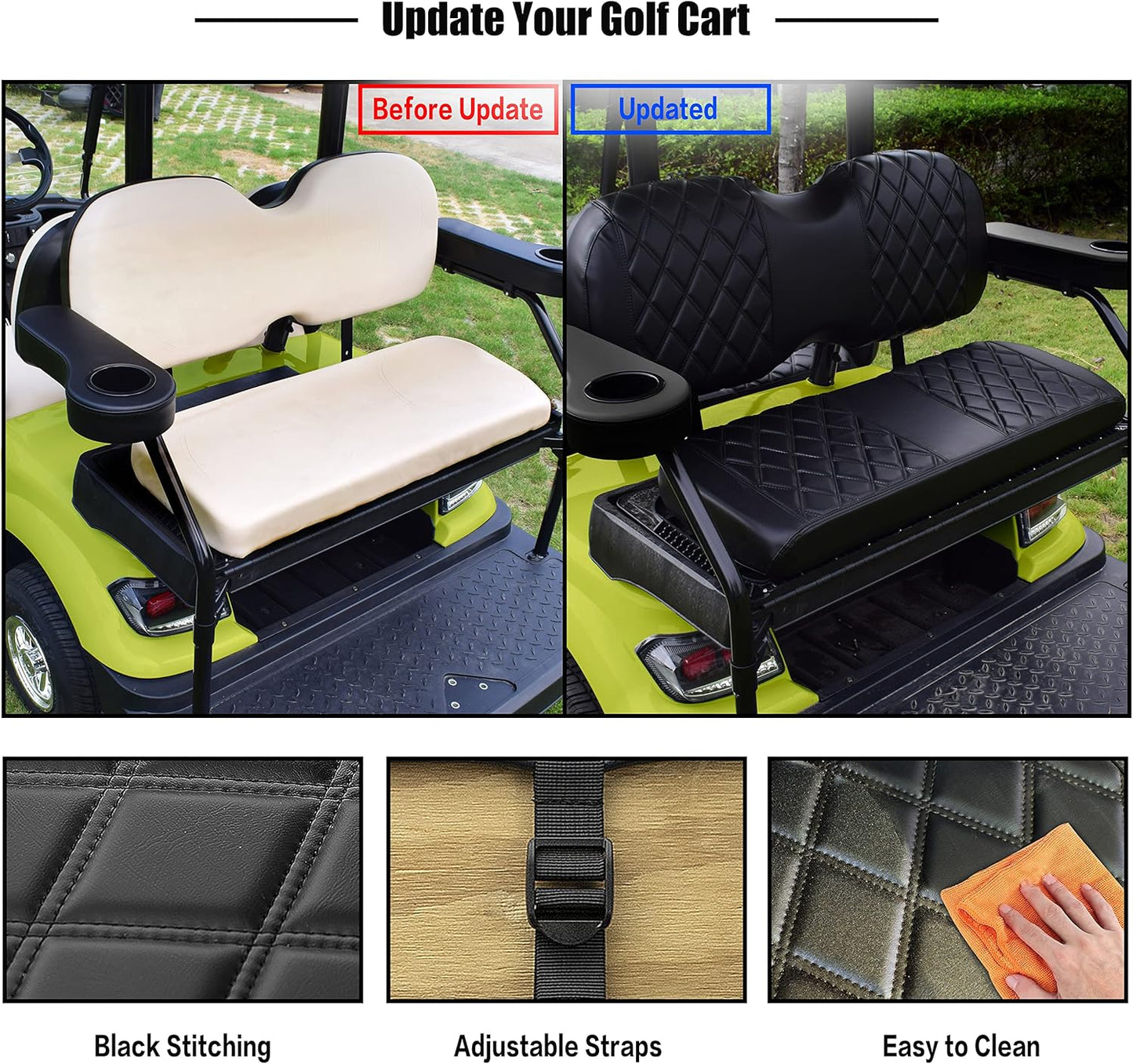 NOKINS Golf Cart Seat Cover Compatible With i40 i40L and Advanced EV, EV1 4, EV1 4L Model Aftermarket Rear Seat Kit, Vinyl Replace Rear Seat Cover Black Stitching