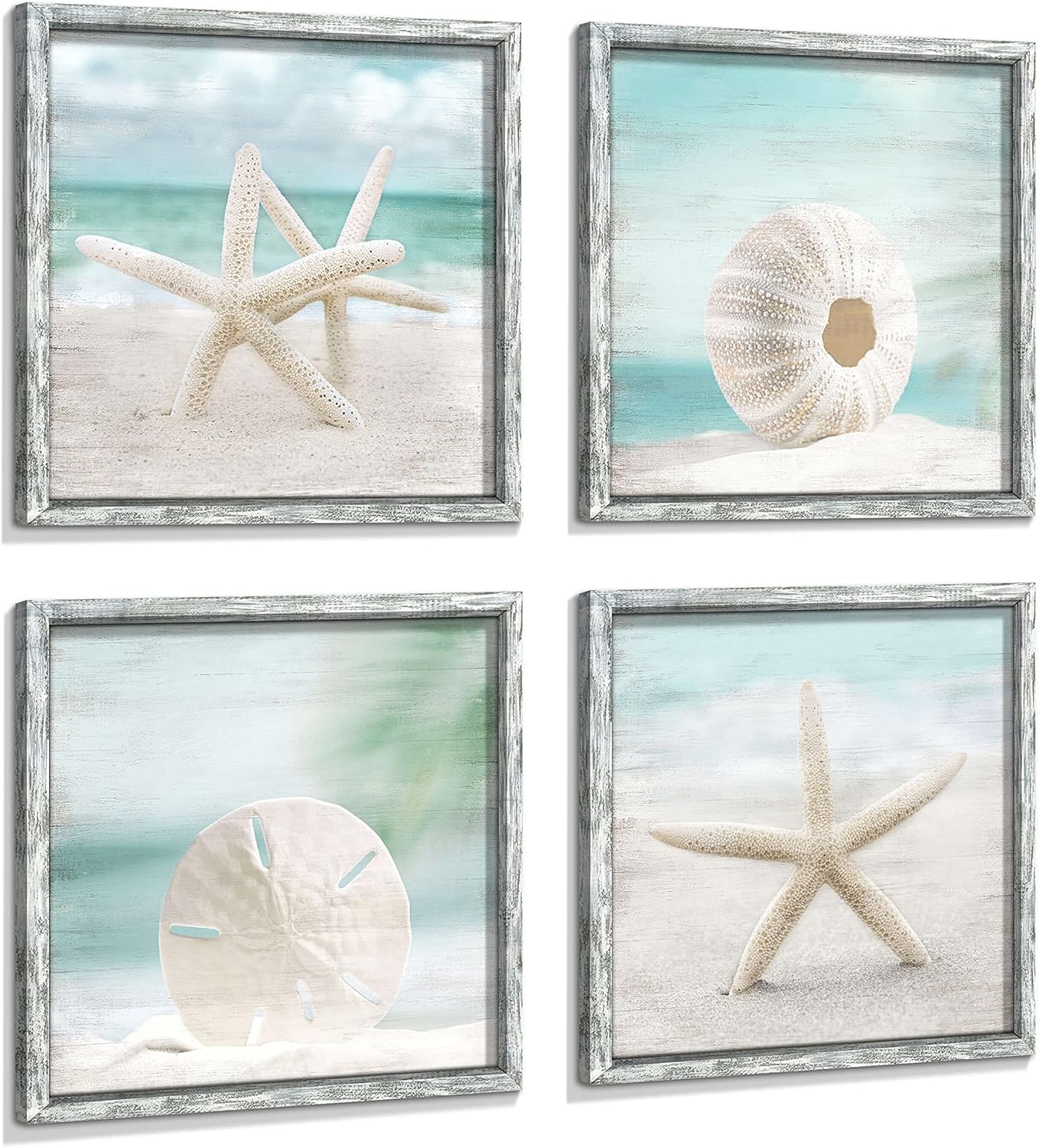 Beach Framed Wooden Wall Art: Ocean Artwork Set of 4 Starfish Seashell & Sand Dollar Pictures Prints Seascape Wall Decor for Bedroom