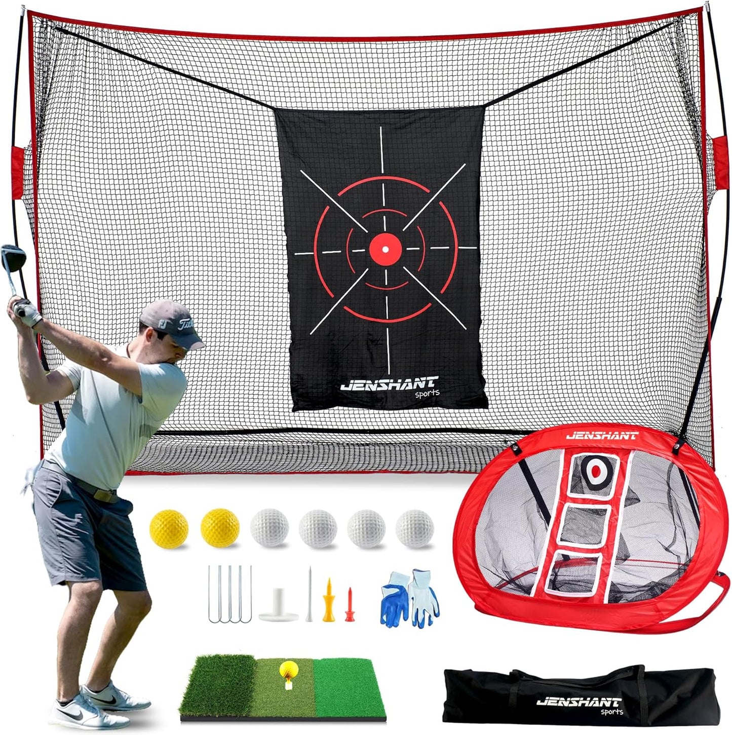 10x7ft Golf Practice Net with Chipping Target, Foldable Mat, 8 Tees & 6 Balls – All-in-One Golf Hitting Net for Backyard, Indoor Outdoor Use, Includes Carry Bag for Easy Storage