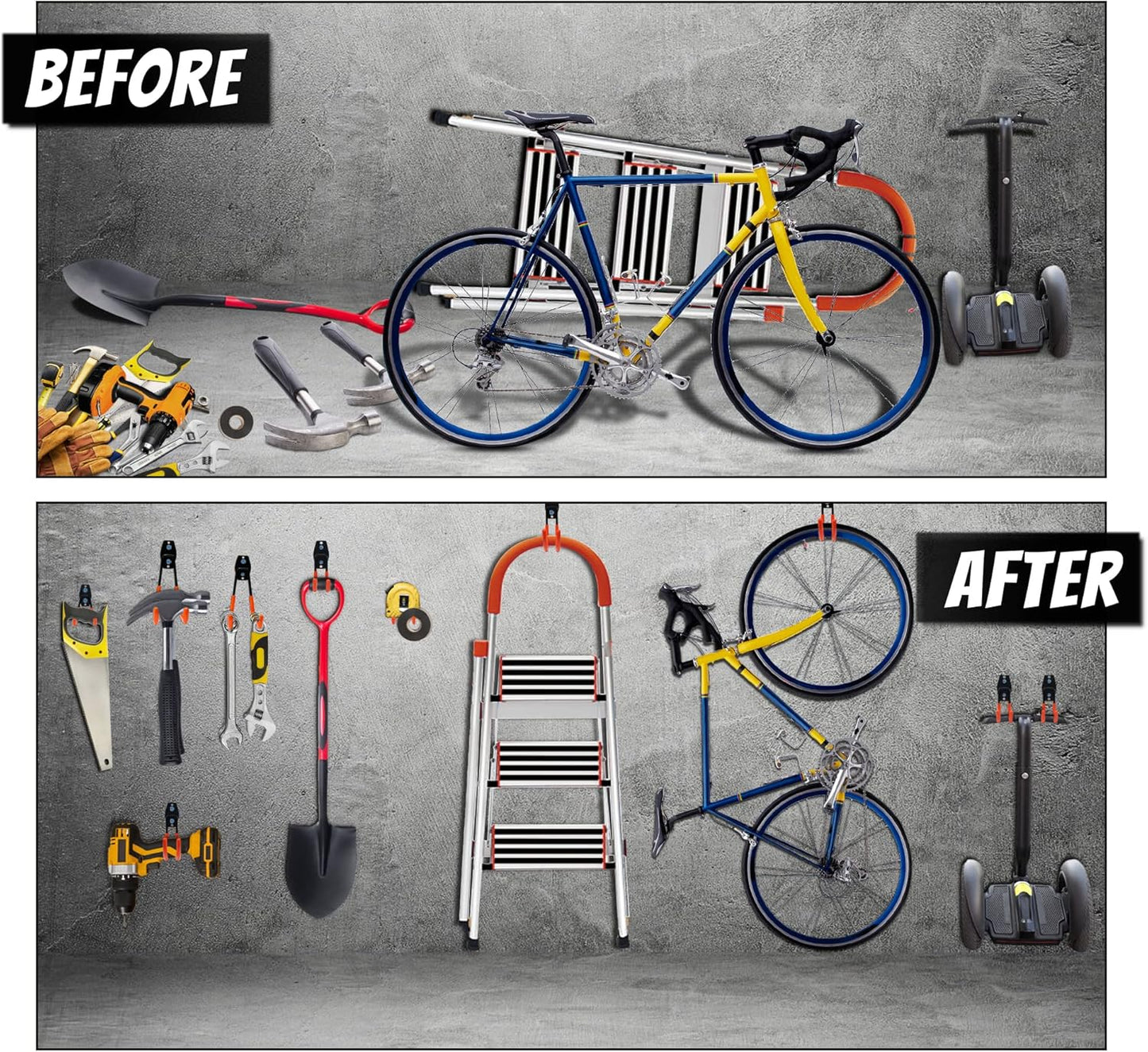 WMK Garage Hooks 4 Pack Wall Storage Hooks Heavy Duty Steel Tool Hangers for Utility Organizer, Wall Mount Holders for Garden Lawn Tools, Ladders, Bike (Orange)