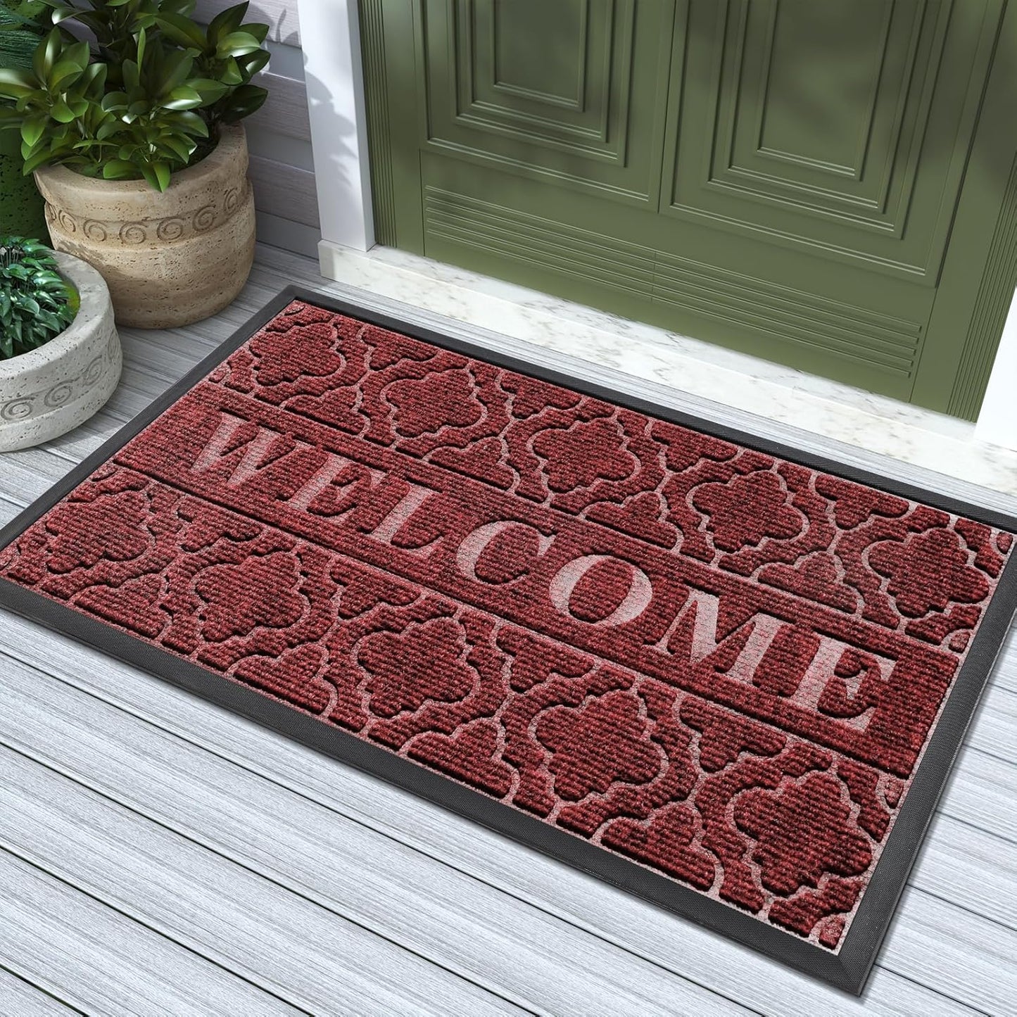 Yimobra Christmas Door Mat Outdoor Indoor 29.5x17, All-Weather Waterproof Front Door Mat Outside Entrance, Non-Slip Low Profile Porch Patio Welcome Doormat, Red