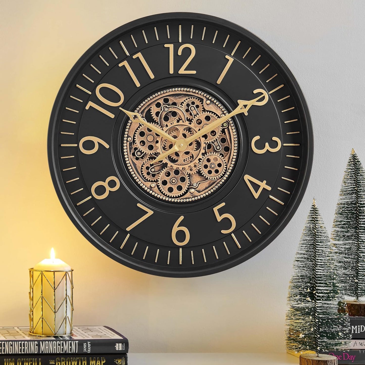 CLXEAST 21 Inch Moving Gear Wall Clock, Large Regular Arabic Numeral Wall Clocks for Living Room Decor,Modern Black& Gold Finish,House Warming Gifts New Home