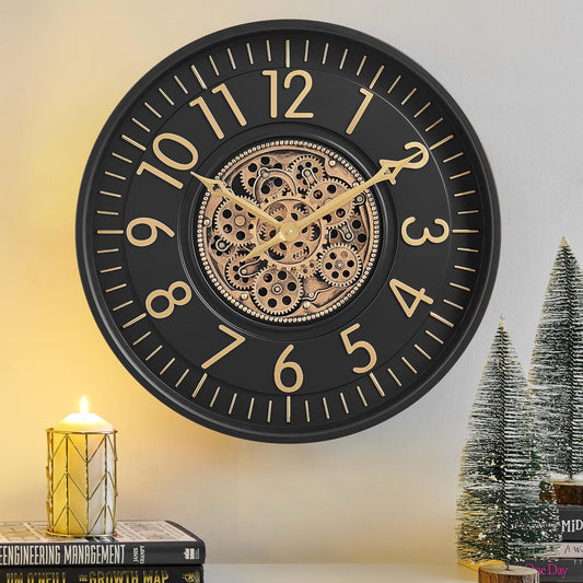 CLXEAST 21 Inch Moving Gear Wall Clock, Large Regular Arabic Numeral Wall Clocks for Living Room Decor,Modern Black& Gold Finish,House Warming Gifts New Home