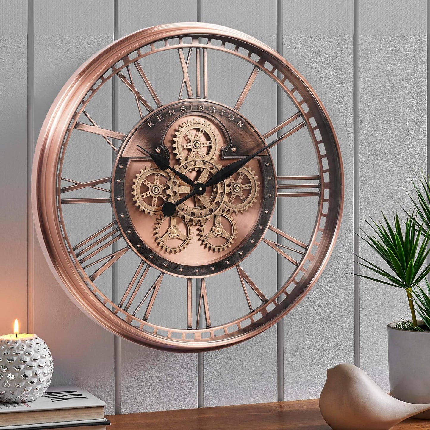 CLXEAST 28 Inch Oversized Large Moving Gears Wall Clock,Industrial Vintage Rose Gold Silent Wall Clock for Modern Farmhouse Living Room Home Decor,Copper Finish