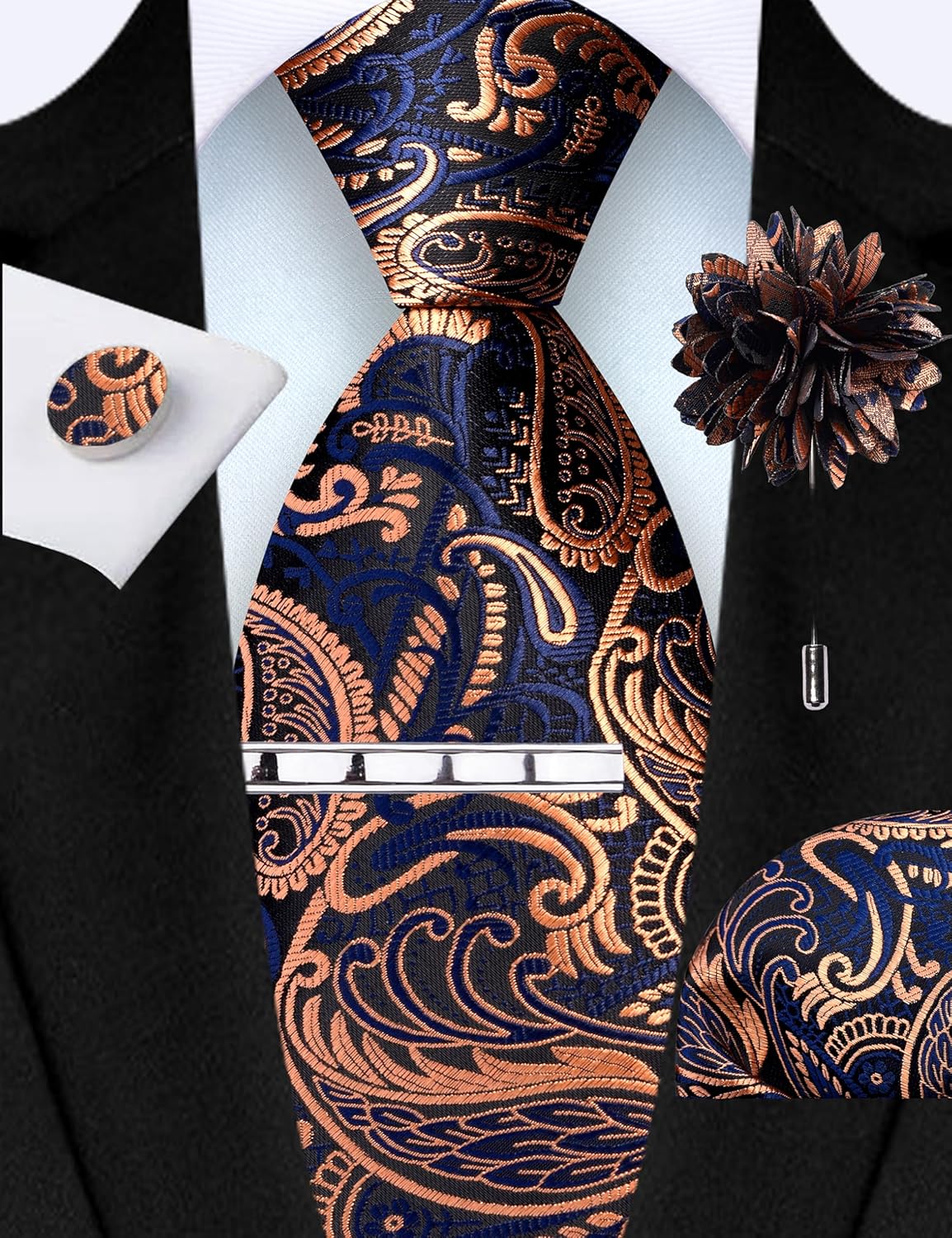 GUSLESON Tie Set for Men Necktie and Pocket Square,Tie Clip,Cufflinks, Lapel Pin Sets with Gift Box 5PCS