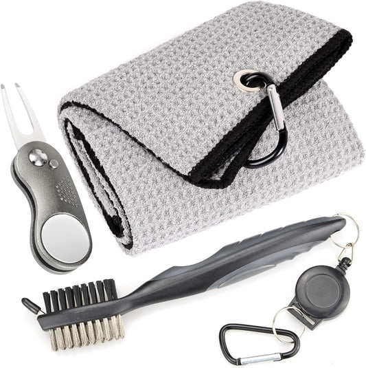 Mile High Life Microfiber Waffle Pattern Golf Towel | Club Groove Cleaner Brush | Foldable Divot Tool with Magnetic Ball Marker (Gray Towel/Brush/Curve Divot)