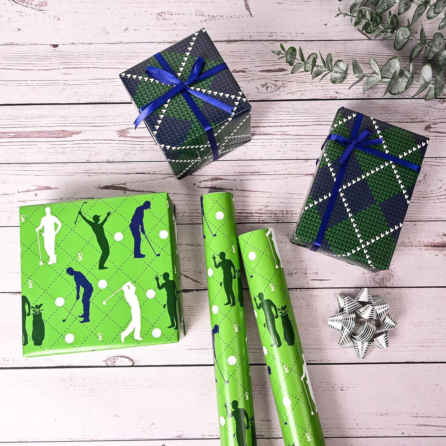 Altarho Golf Wrapping Paper Roll for Boys Women Men - Green Golf and Textile Print Plaid Design Sports Gift Wrap Sheets for Birthday Father's Day Team Party Supplies Total 28.5sq.ft