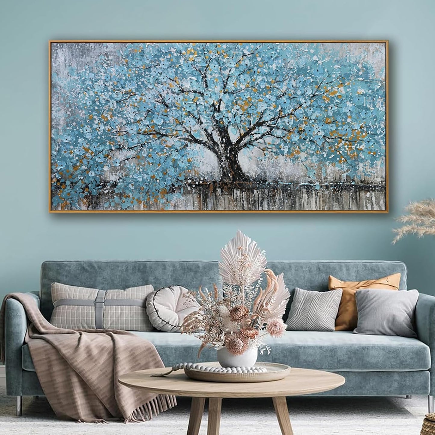 Large Wall Art Teal Blue Abstract Tree Of Life Framed Modern Artwork Canvas Painting Textured Tree Pictures Wall Decor Home Decor Wall Ready To Hang For Bedroom Living Room Size 29"X58"