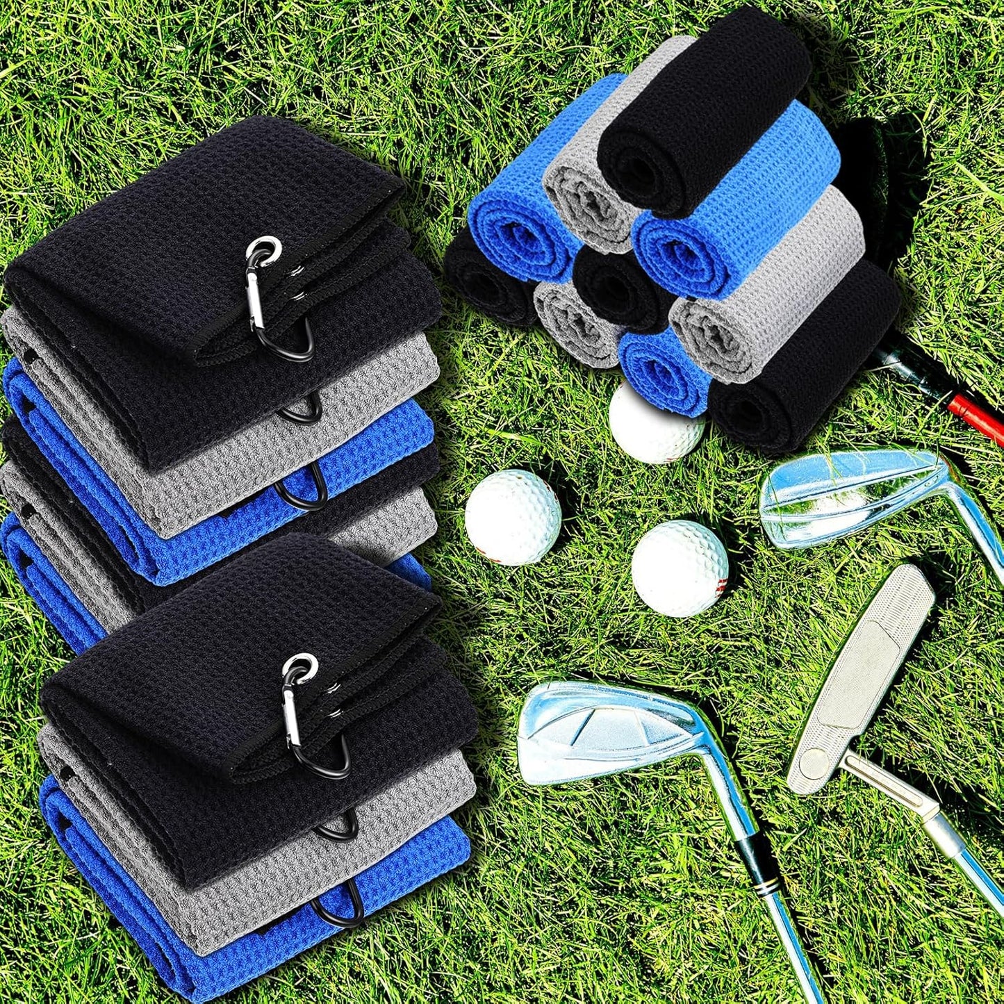 Batiyeer Golf Towels Bulk for Bags 16'' x 24'' Microfiber Waffle Pattern Golf Towels Trifold with Clip for Hiking,Tournament, Yoga