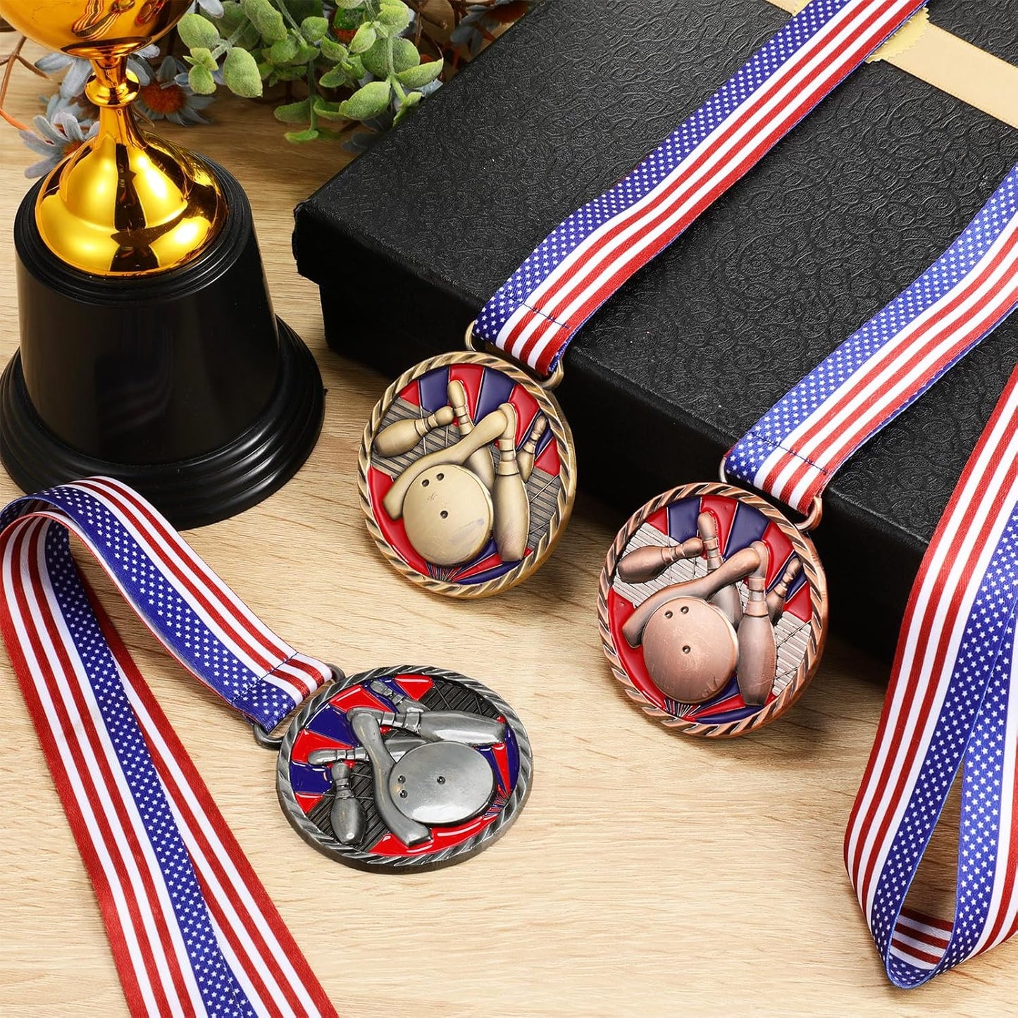 3 Pcs Bowling Medal 2.5 Inch Bowling Trophy Gold Silver Bronze 1st 2nd 3rd Place Award Medals with Stars and Stripes American Flag Ribbon for Competitions, Club Celebration Souvenir Tournament