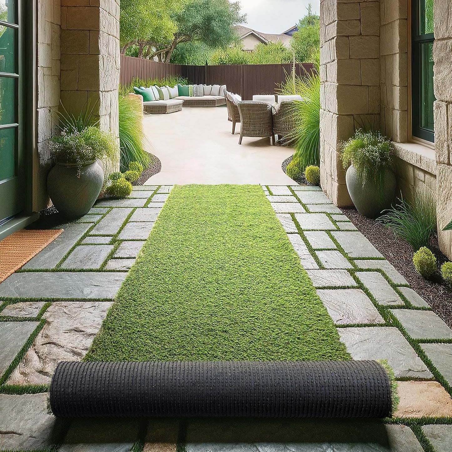 Ottomanson 2'7" x 9' Artificial Faux Grass Rug - Realistic Turf with UV Protection - Perforated for Easy Drainage - Durable, Hose-Off Synthetic Lawn Carpet for Indoor & Outdoor Use, Green