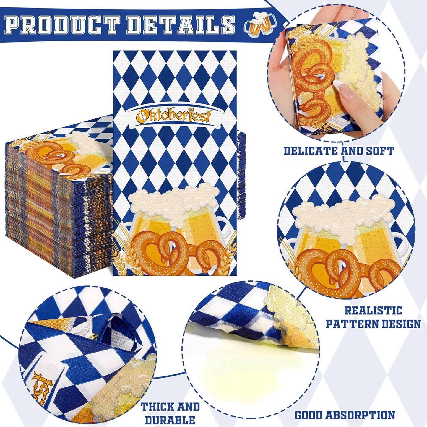 100 Pieces Oktoberfest Napkins Disposable Blue White Plaids Party Napkins 7.8 x 4.3 Inch Bavarian Flag Paper Cocktail Napkins Supplies for Oktoberfest German Beer Festival Party Decorations