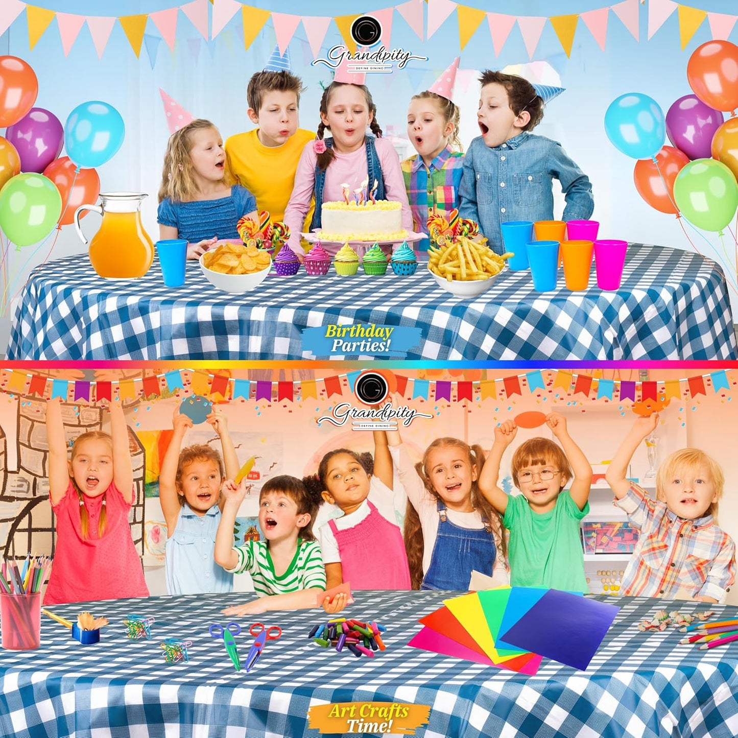 Grandipity 12 Pack Premium Disposable Plastic Picnic Tablecloth 84" Inch Decorative Round Table Cover - Blue Checkered Gingham