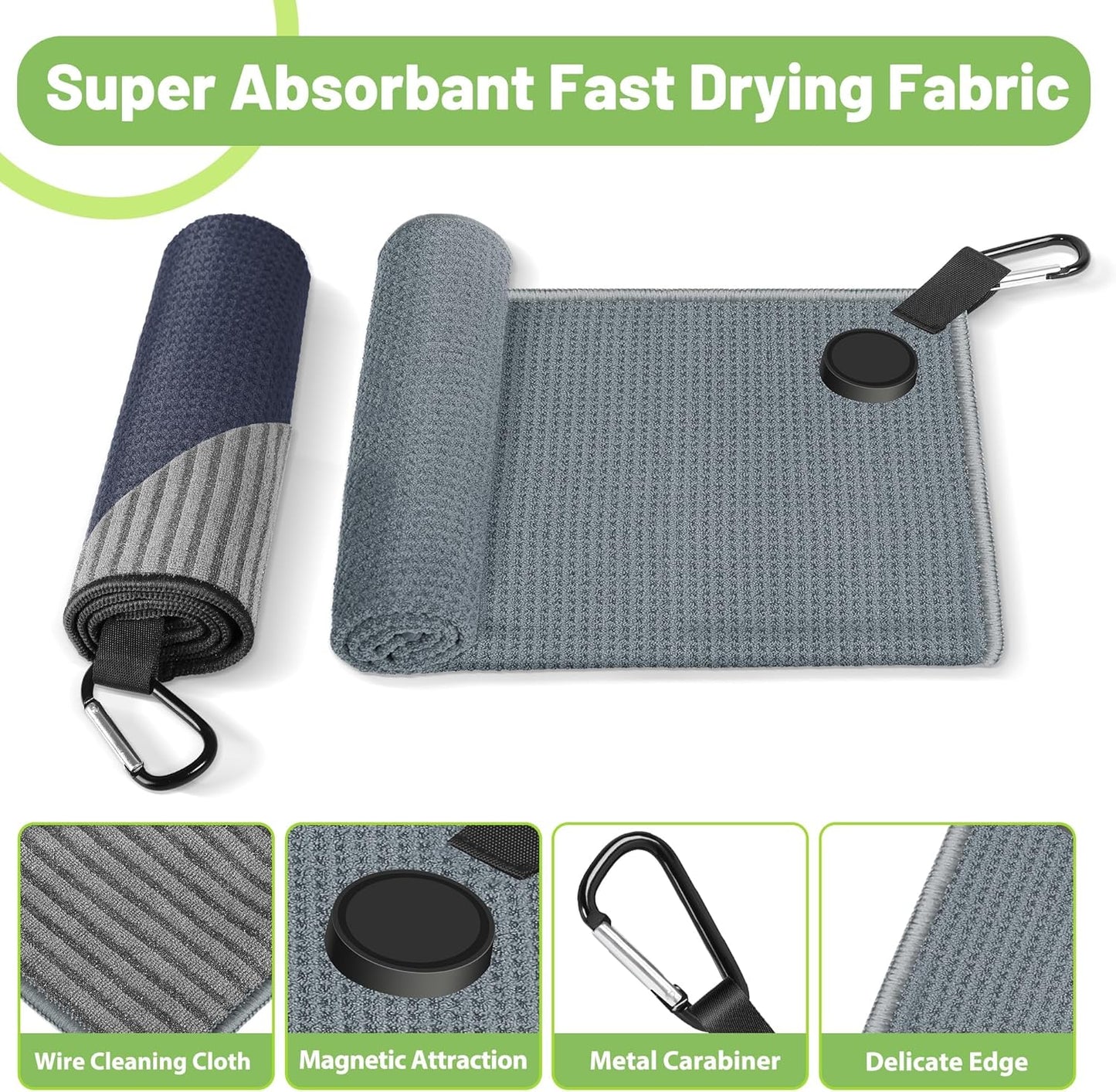 2 Pack Magnetic Golf Towels with Carabiner, Ultra Absorbent Microfiber, Wire Cleaning Cloth, Waffle Pattern Golf Towel with Magnet for Men Women, Golf Accessories for Golf Bags, Carts or Clubs