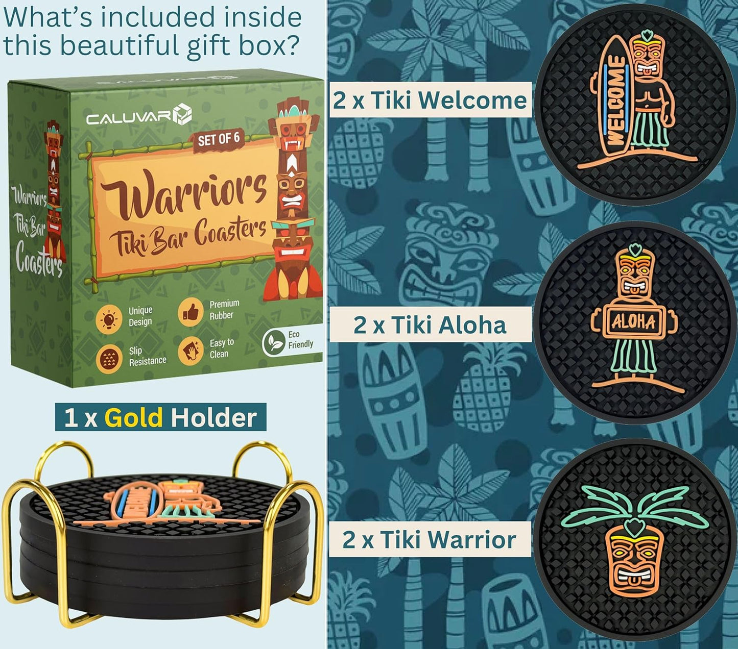 Tiki Bar Warriors Coasters Set of 6 with Holder, Bar Decor Silicone Coasters with Welcome, Aloha and Warrior, Luau and Hawaiian Decor Black Coaster, Outdoor Tiki Rubber Decorations