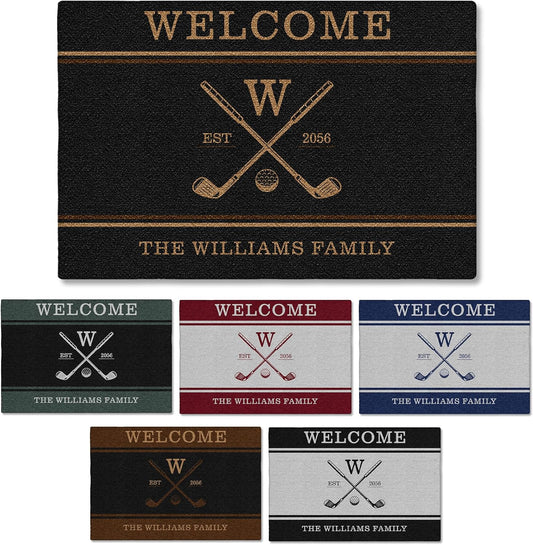 Personalized Golf Doormat – Personalized Welcome Mat with Family Name Year – Non Slip Outdoor Entry Rug for Porch, Garage, or Golf Lover Home Decor, for Men (Golf Doormat 04)