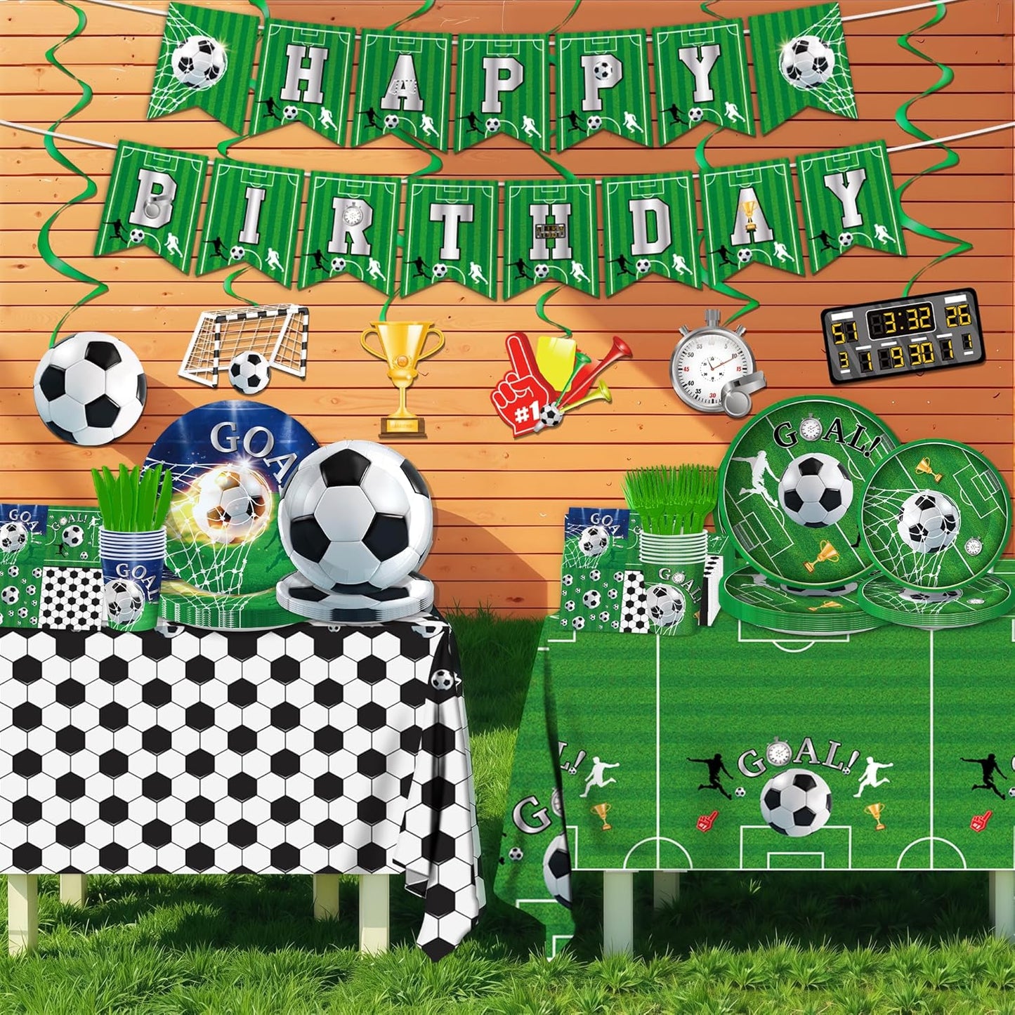 129pcs Football Birthday Party Supplies Football Party Decorations Plates Napkins Tablecloth Banner Hanging Swirls for Football Birthday & Tailgate Party Decorations Serves 20