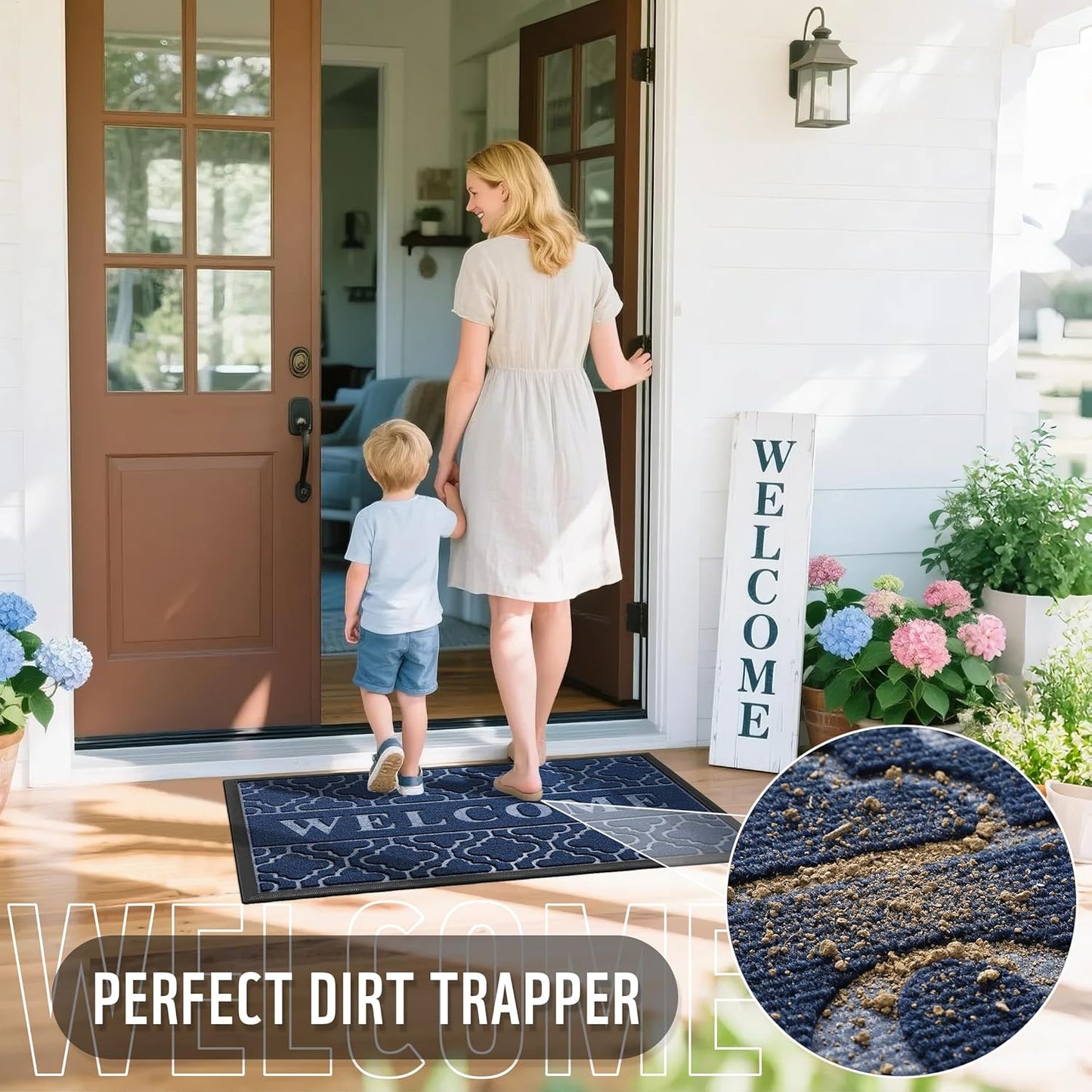 Yimobra Welcome Mat Outdoor Indoor, All-Season Waterproof Front Door Mat Outside Entrance, All-Weather Heavy Duty Non-Slip Doormat, Low Profile Porch Patio Entrance Mats, 60x36, Blue