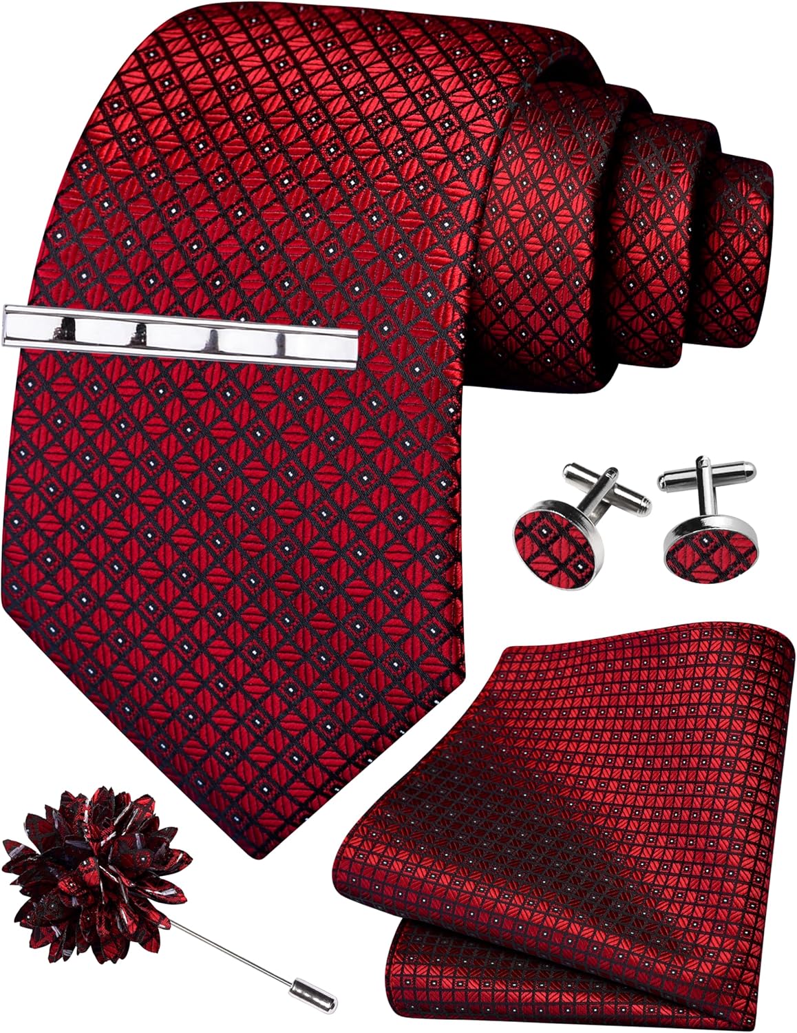 GUSLESON Tie Set for Men Necktie and Pocket Square,Tie Clip,Cufflinks, Lapel Pin Sets with Gift Box 5PCS